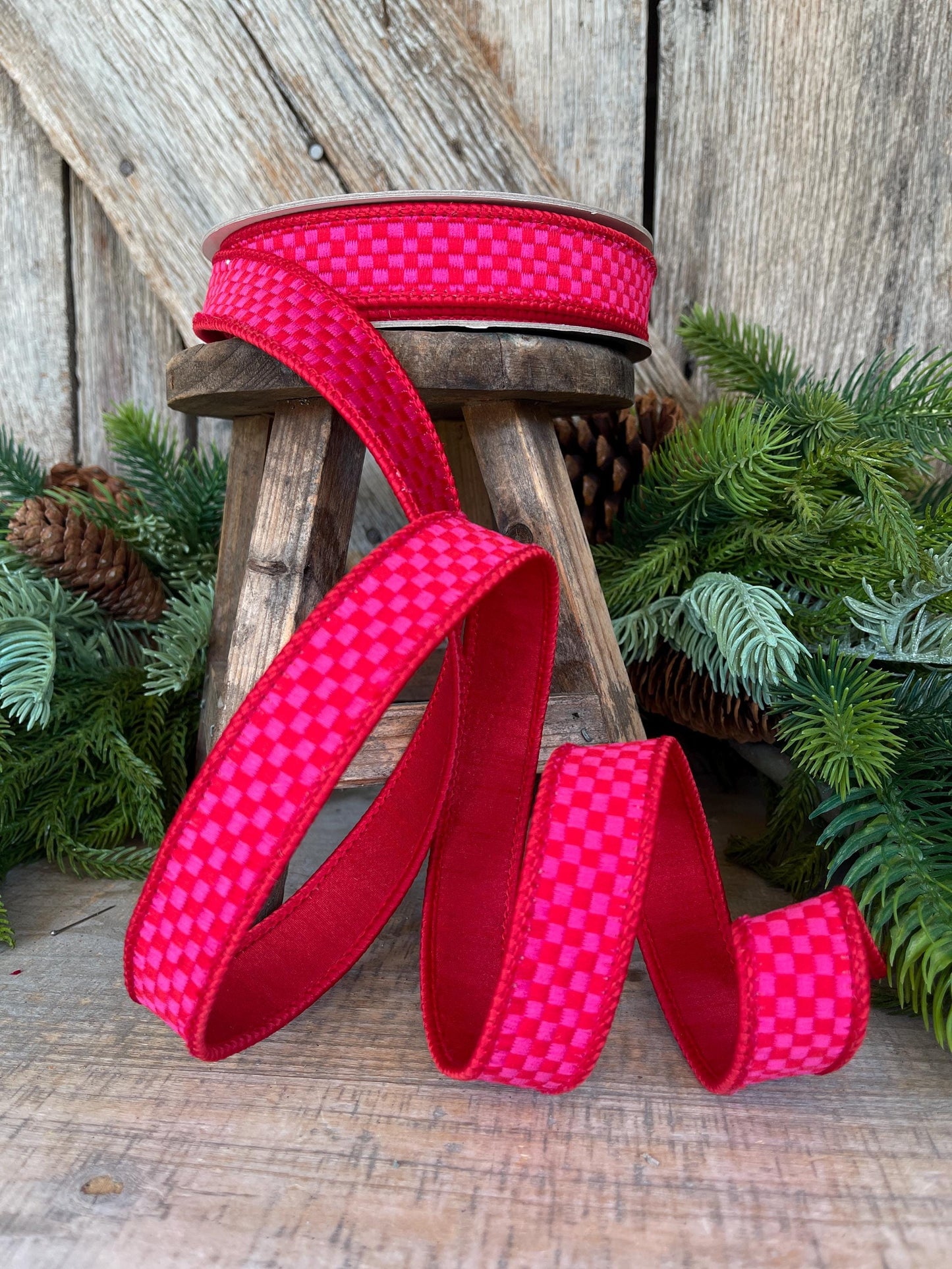 1" Hot Pink Red Ribbon, Farrisilk Ribbon, Kitschy Checks Ribbon