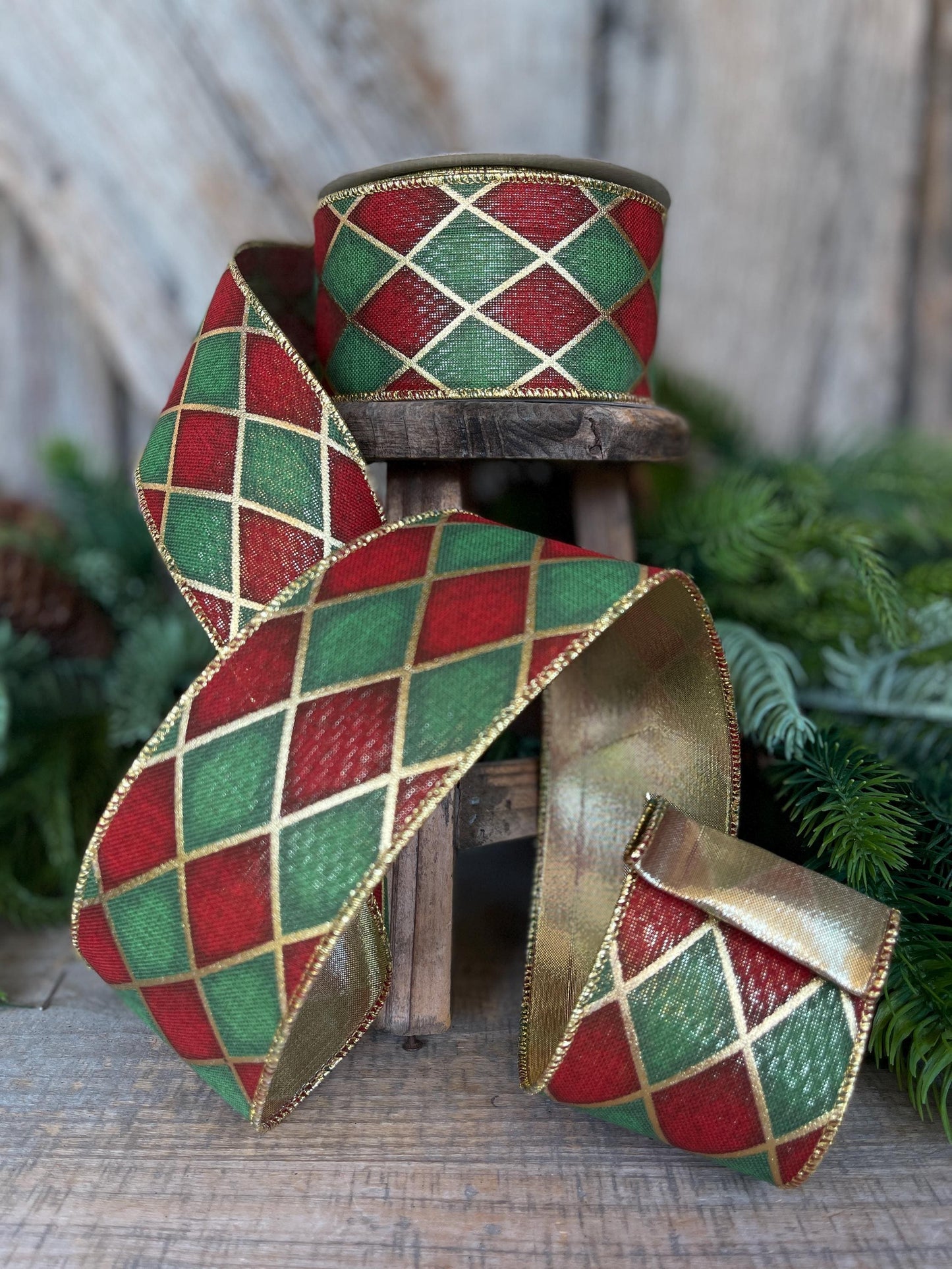 2.5" Red Green Antique Diamonds Ribbon, Farrisilk Ribbon, Harlequin Ribbon