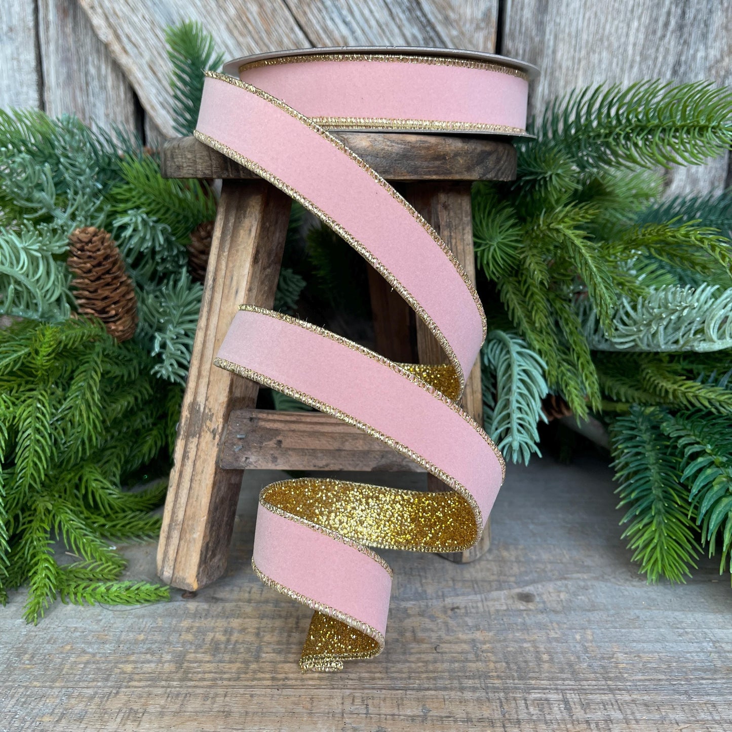 1" Blush Pink & Gold Ribbon, Farrisilk Ribbon, Gold Gleam Ribbon