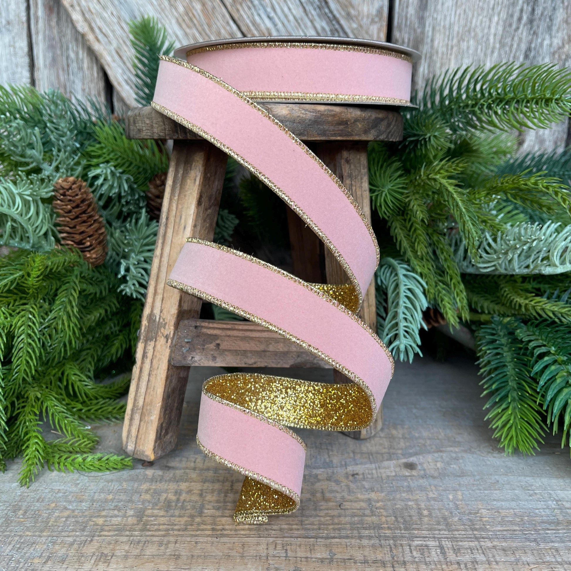 1" Blush Pink & Gold Ribbon, Farrisilk Ribbon, Gold Gleam Ribbon