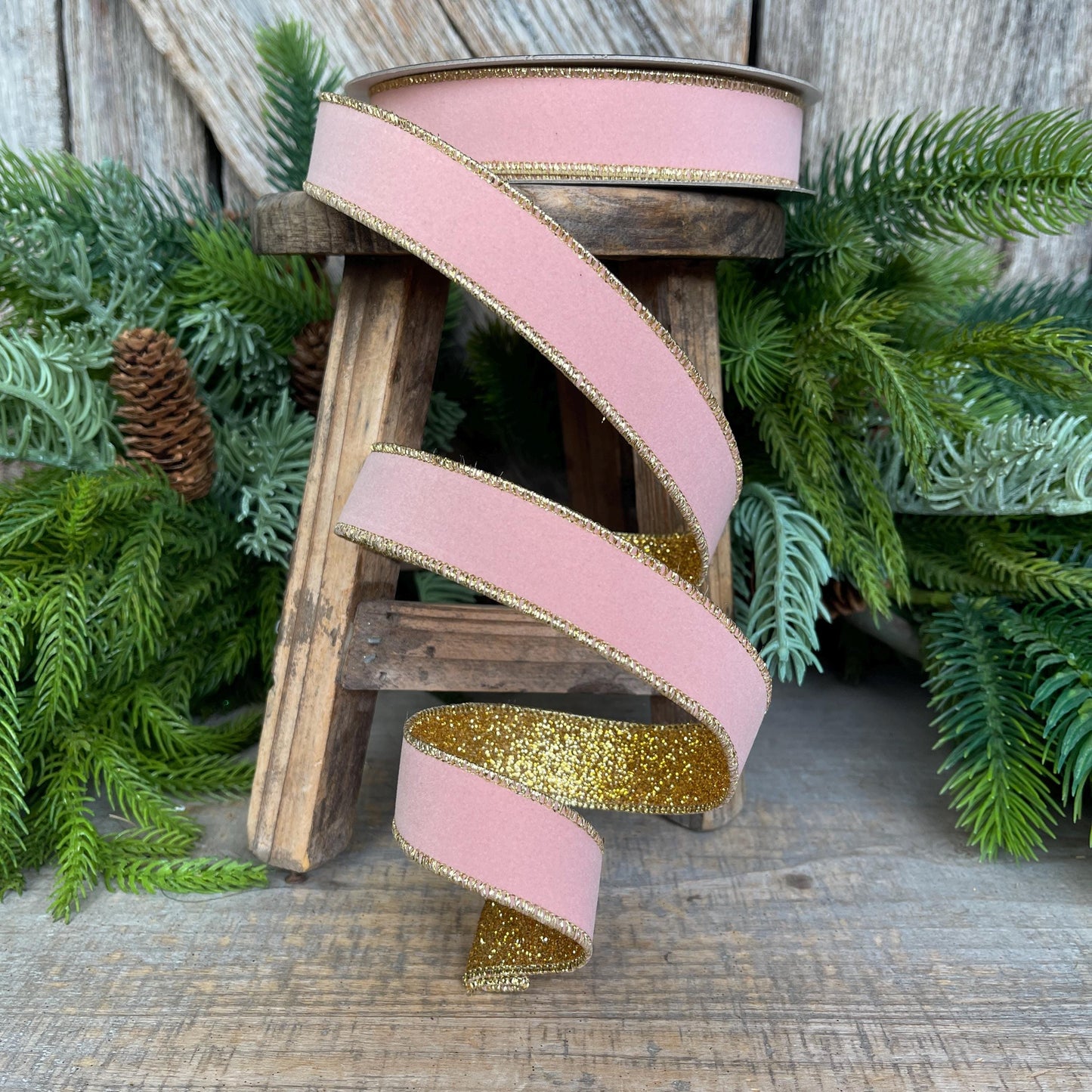 1" Blush Pink & Gold Ribbon, Farrisilk Ribbon, Gold Gleam Ribbon