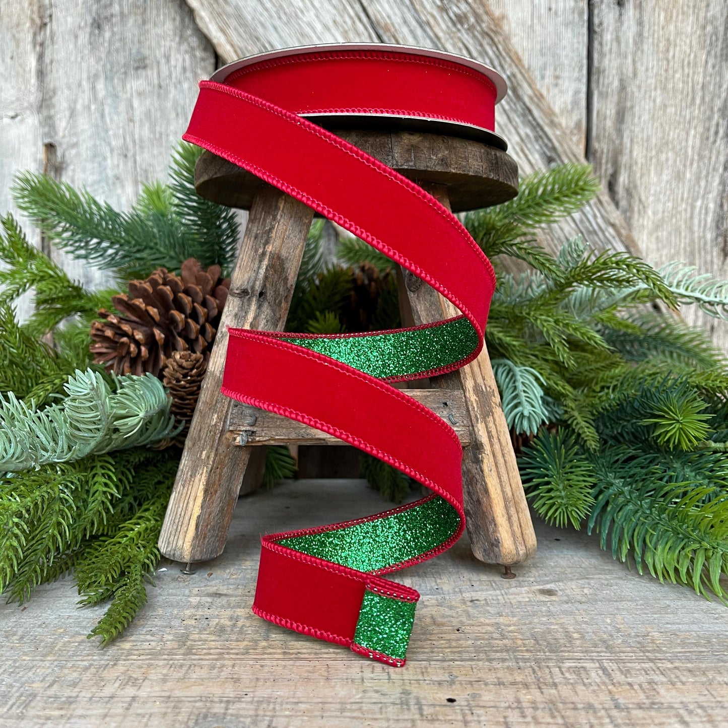 1" Red & Emerald Green Ribbon, Farrisilk Ribbon, Red Green Fusion Ribbon