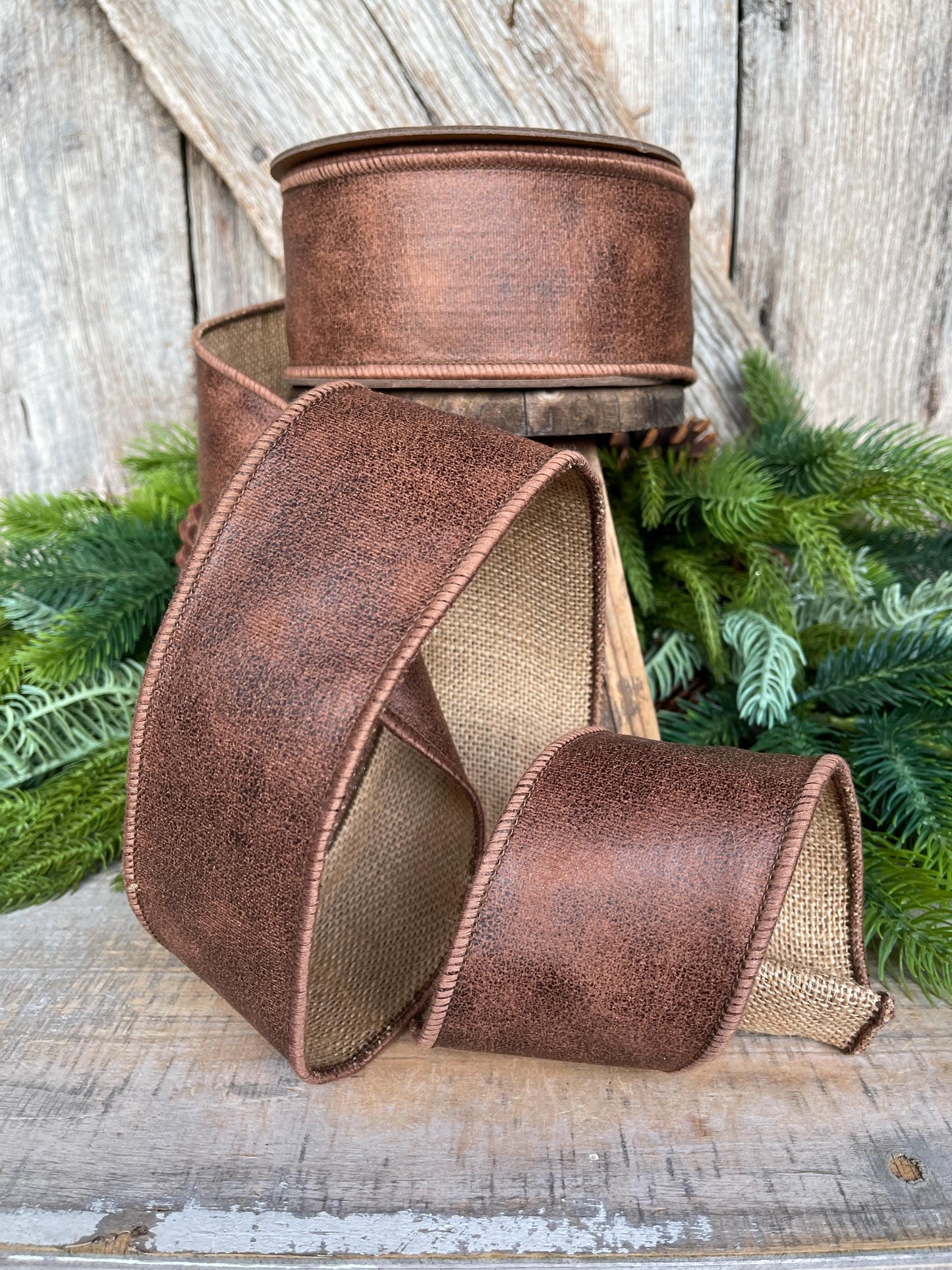 2.5" Brown Leather Ribbon, Wired Ribbon, Rustic Ribbon, Christmas Ribbon, Faux Leather Ribbon