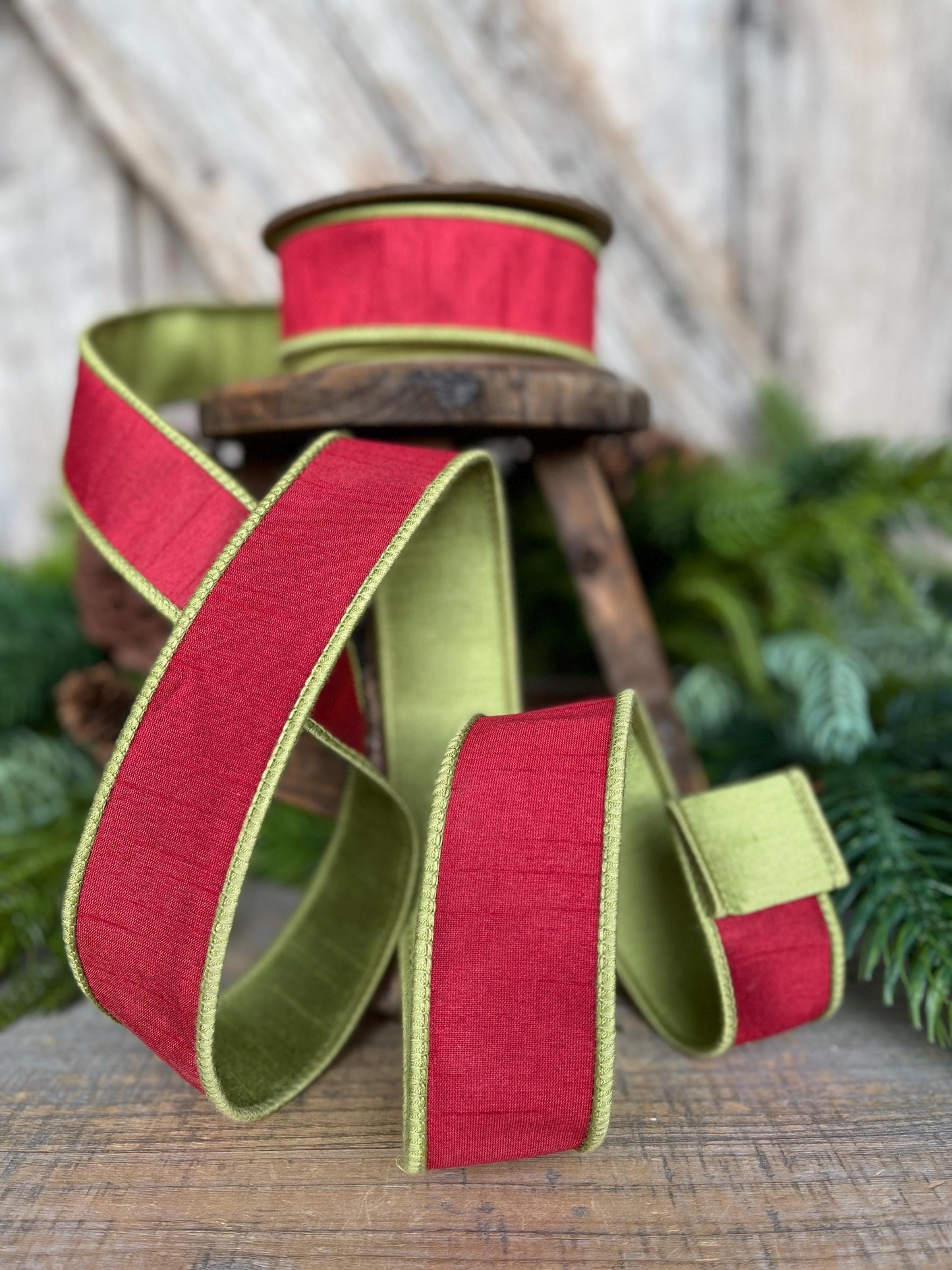 1.5" Red Green Dupion Ribbon, Christmas Ribbon, Double Sided Ribbon