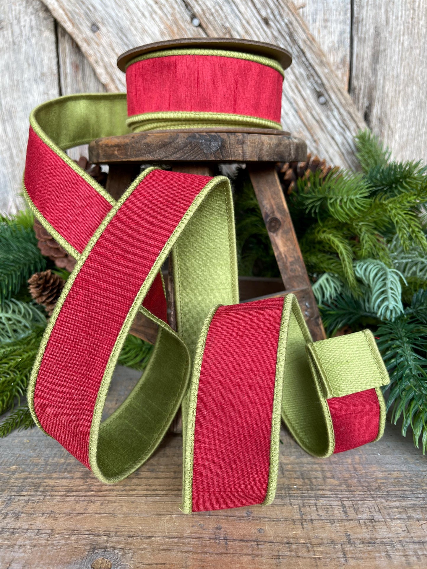 1.5" Red Green Dupion Ribbon, Christmas Ribbon, Double Sided Ribbon