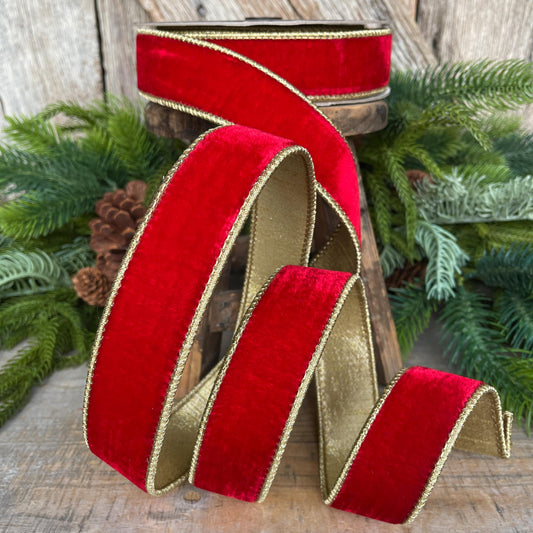 Red & Gold Velvet Wired Ribbon: 1.5" Farrisilk Christmas Ribbon