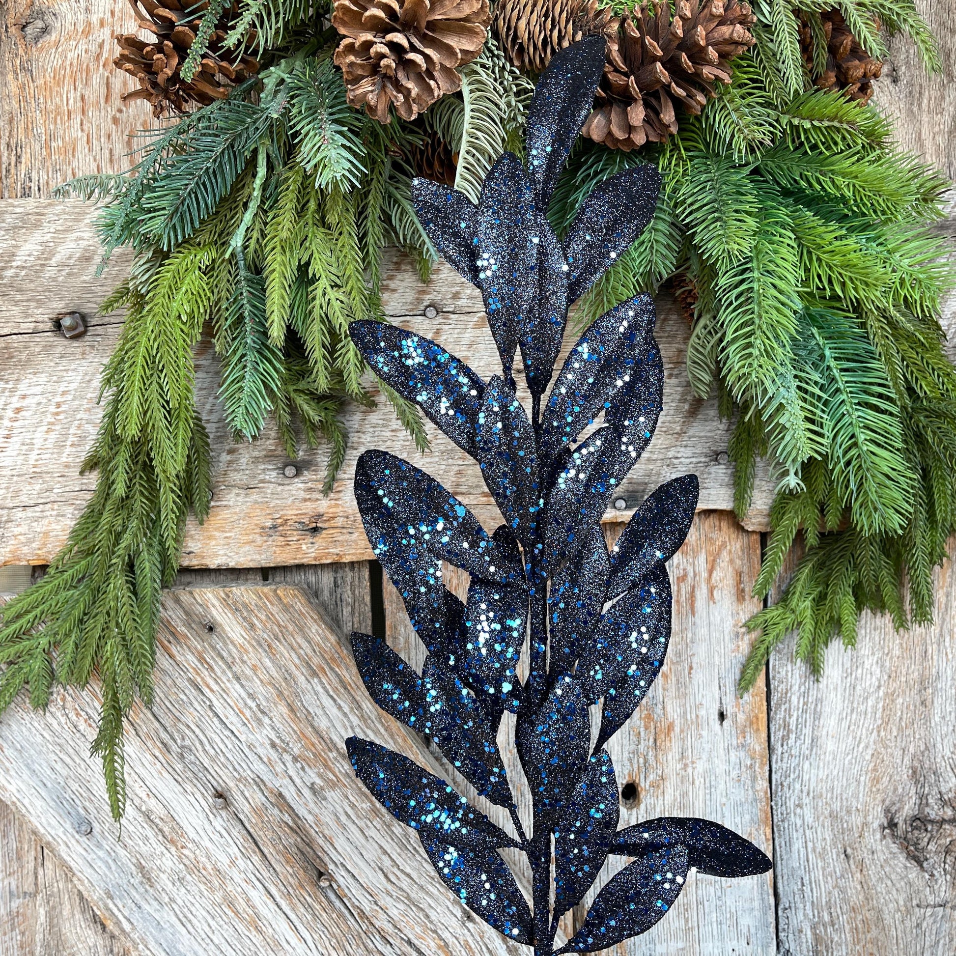 Navy Blue Glitter Laurel Leaf Spray: Christmas Tree Pick (27")