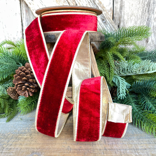 Red & Gold Velvet Wired Ribbon, Red Christmas Ribbon, 1.5" x 10 Yards