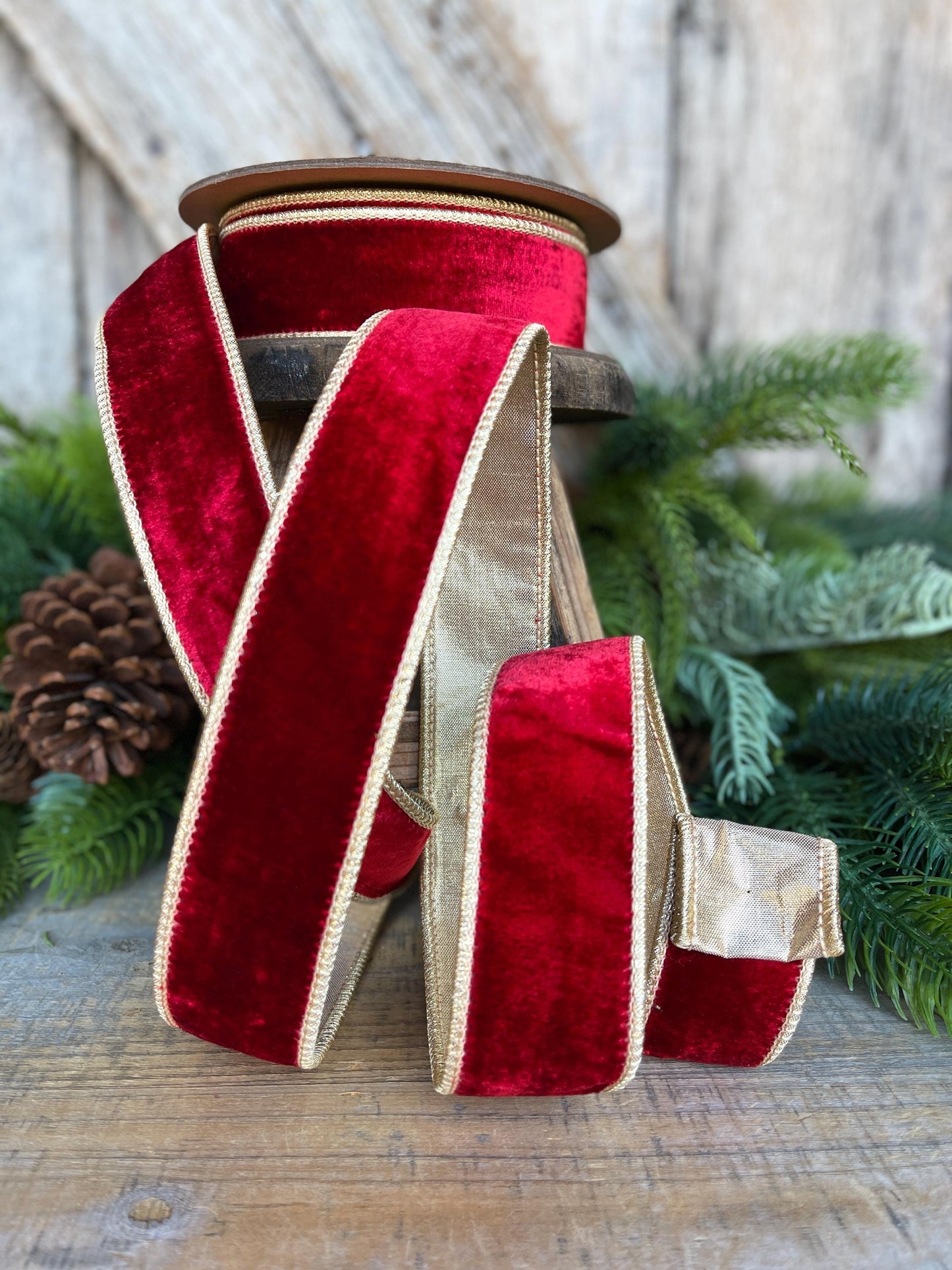 Red & Gold Velvet Wired Ribbon, Red Christmas Ribbon, 1.5" x 10 Yards