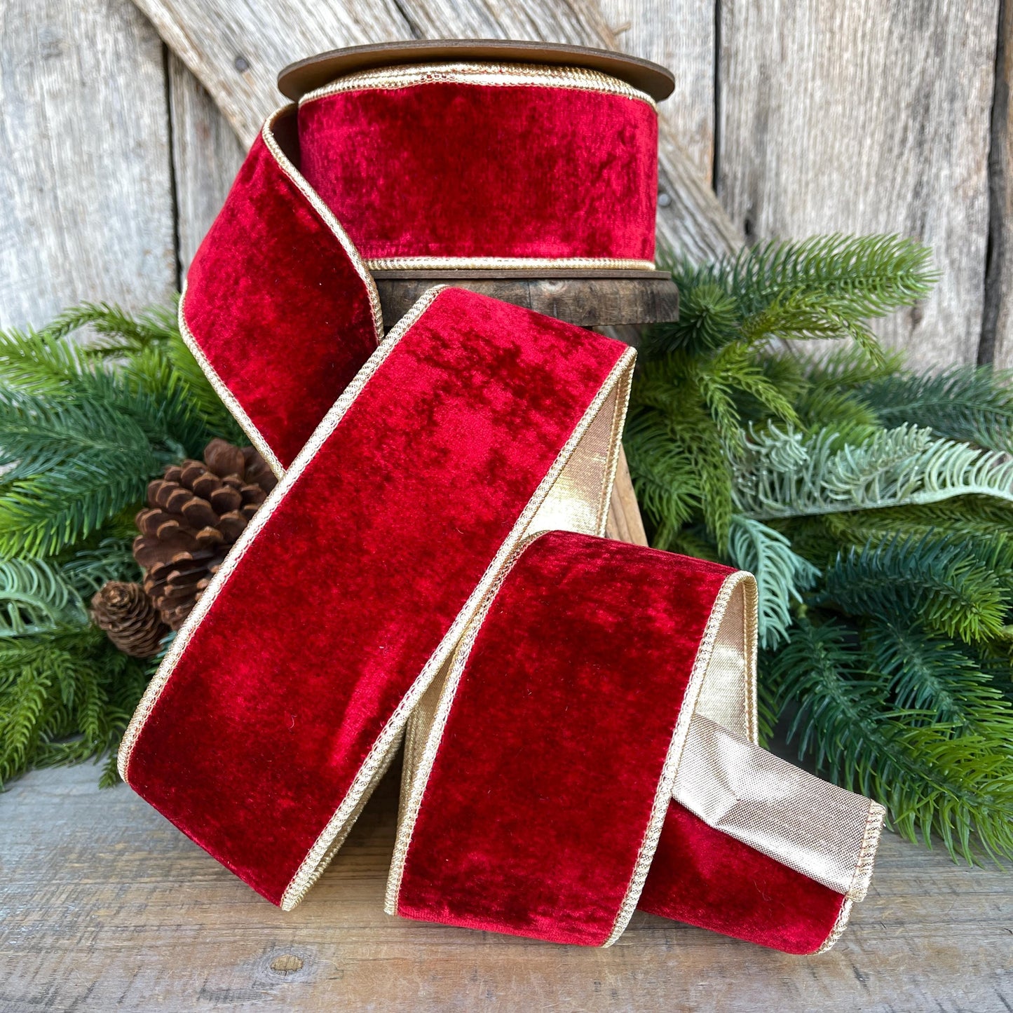 Red & Gold Velvet Wired Ribbon, Red Christmas Ribbon, 2.5" x 10 Yards