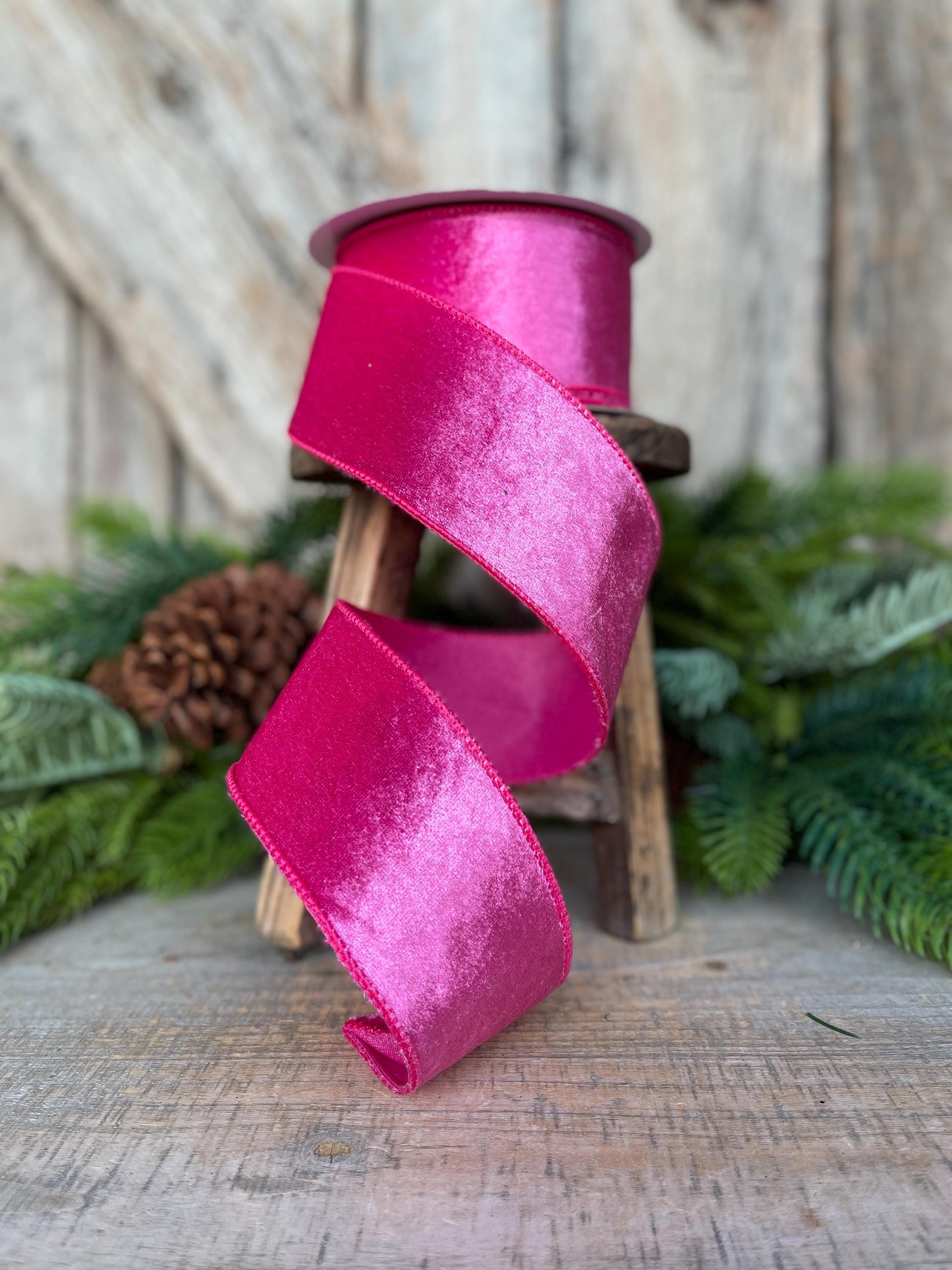 2.5 Hot pink Velveteen ribbon, wired ribbon, 2.5 inch ribbon