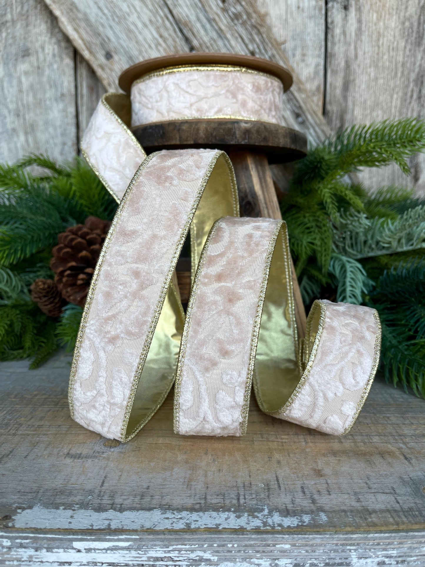 1.5" Ivory Velvet Ribbon, Ivory Ribbon, Embossed Velvet Ribbon
