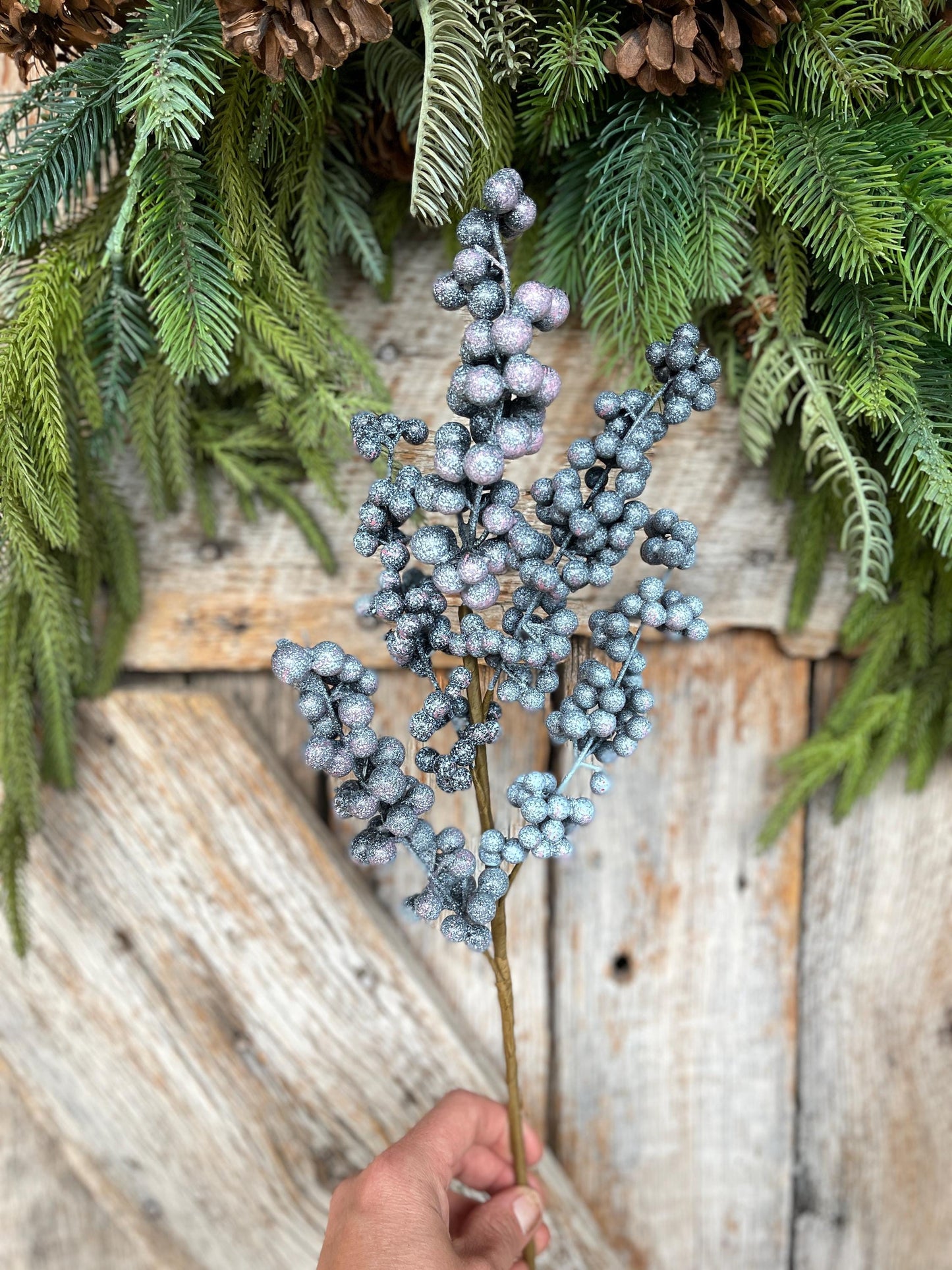 18" Frosted Blueberry Spray, Winter Blueberry Picks & Stems, Artifical Berry Floral Stem