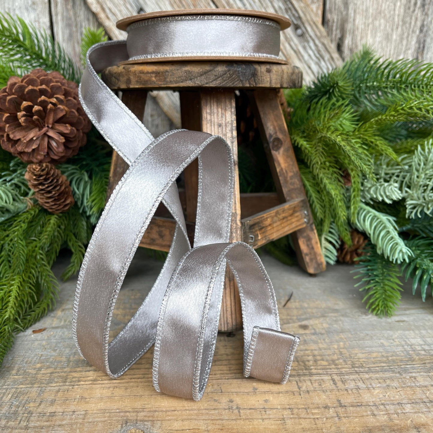 1" Silver Shimmer Satin Ribbon, Silver Satin Ribbon, Wired Ribbon