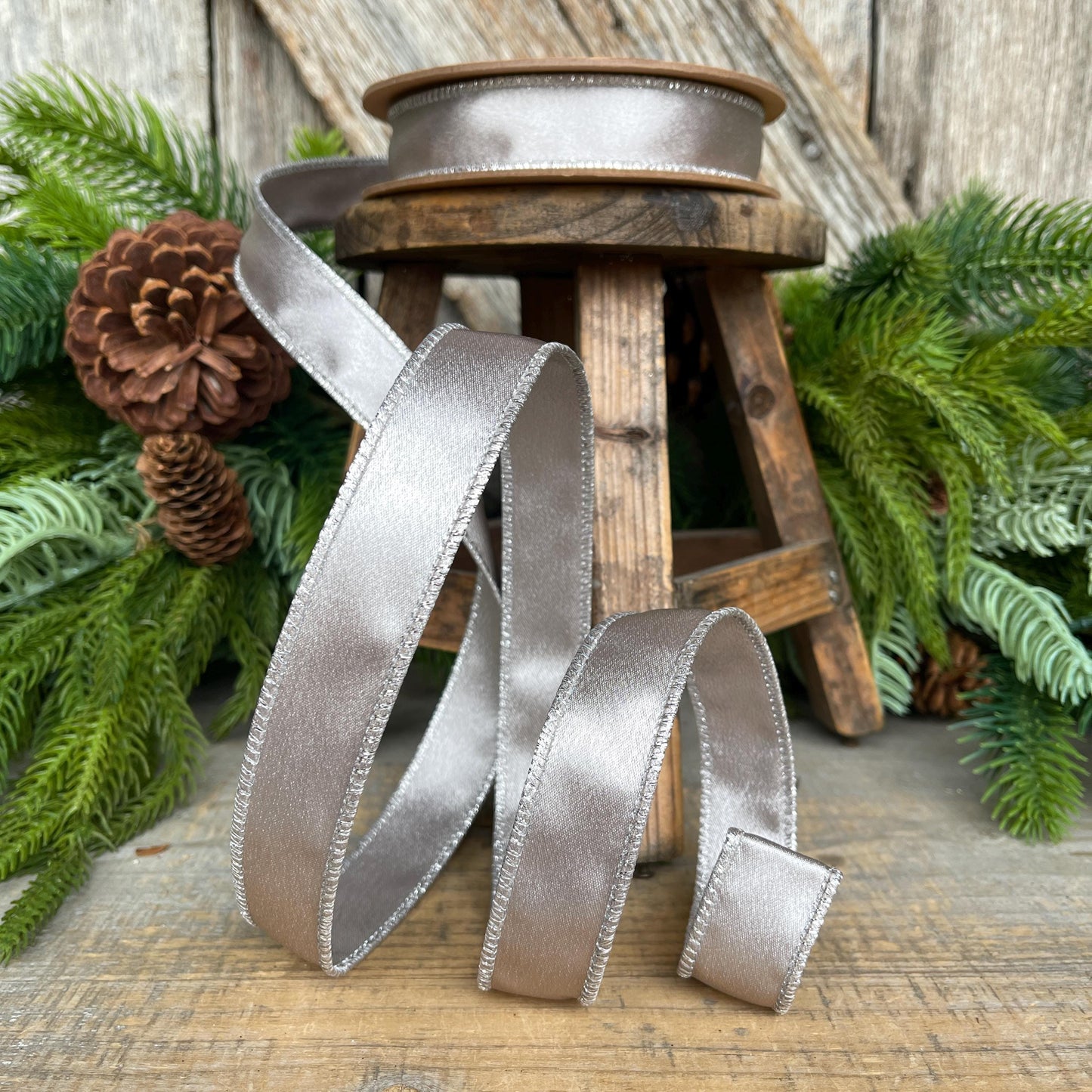1" Silver Shimmer Satin Ribbon, Silver Satin Ribbon, Wired Ribbon
