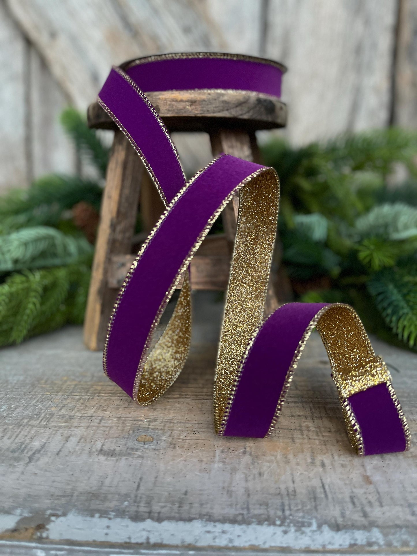 1" Purple Gold Gleam Ribbon, Farrisilk Ribbon, Wired Ribbon
