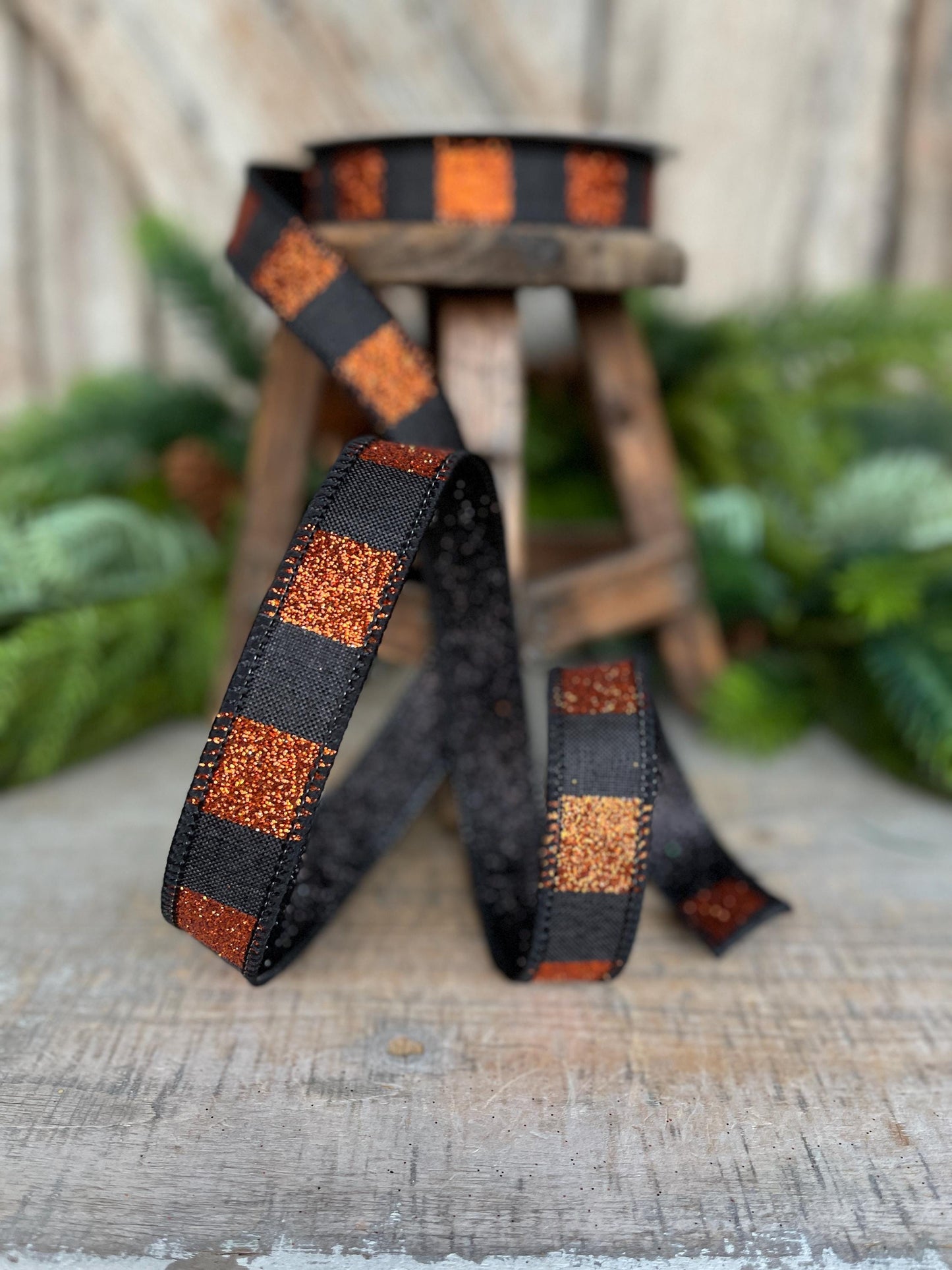 1" Black Orange Halloween Ribbon, Stripe Ribbon, Black Orange Glitter Ribbon