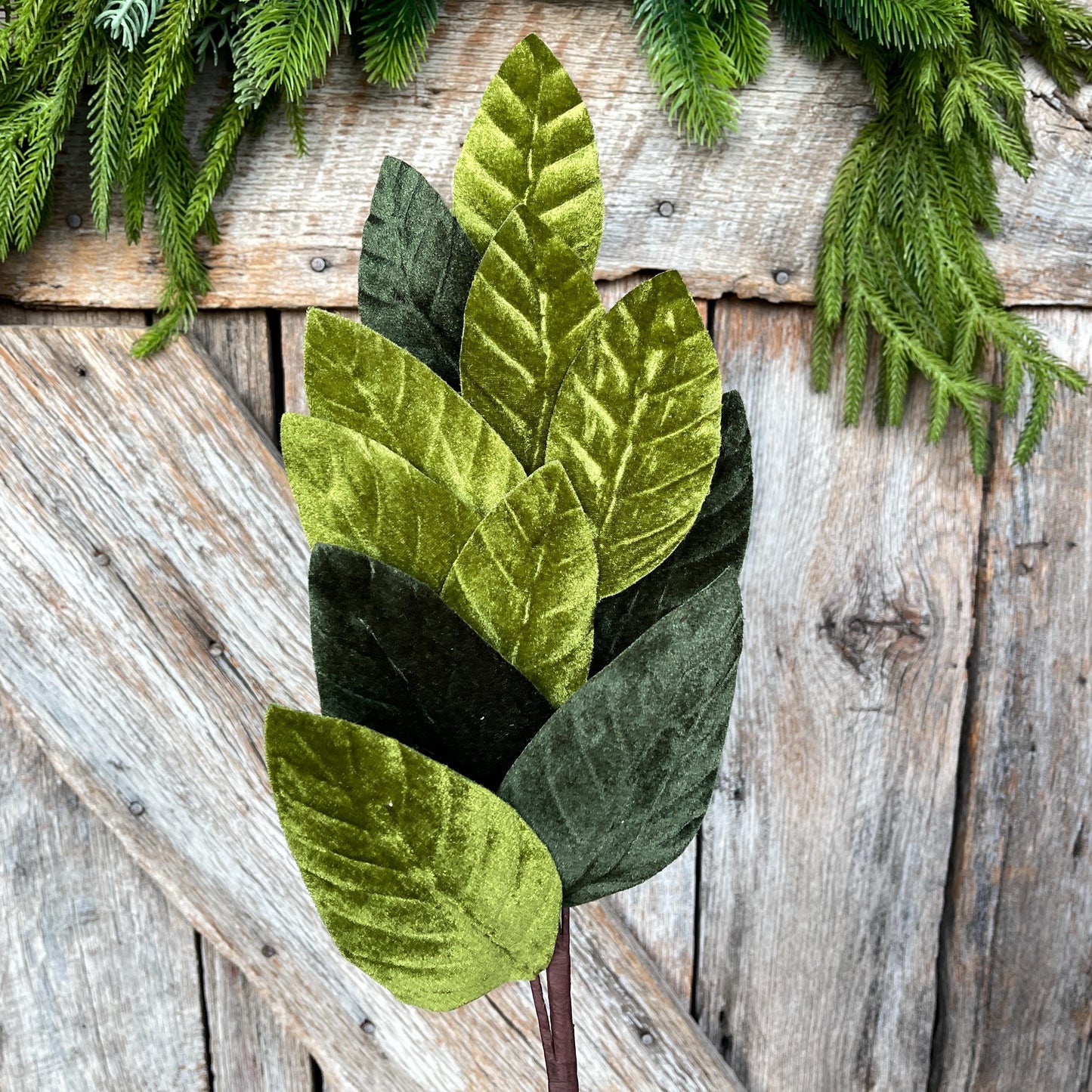 25" Green Velvet Leaf Spray, Forest Green Velvet Spray, Christmas Tree Spray, Green Magnolia Leaf Spray, 84602SP25