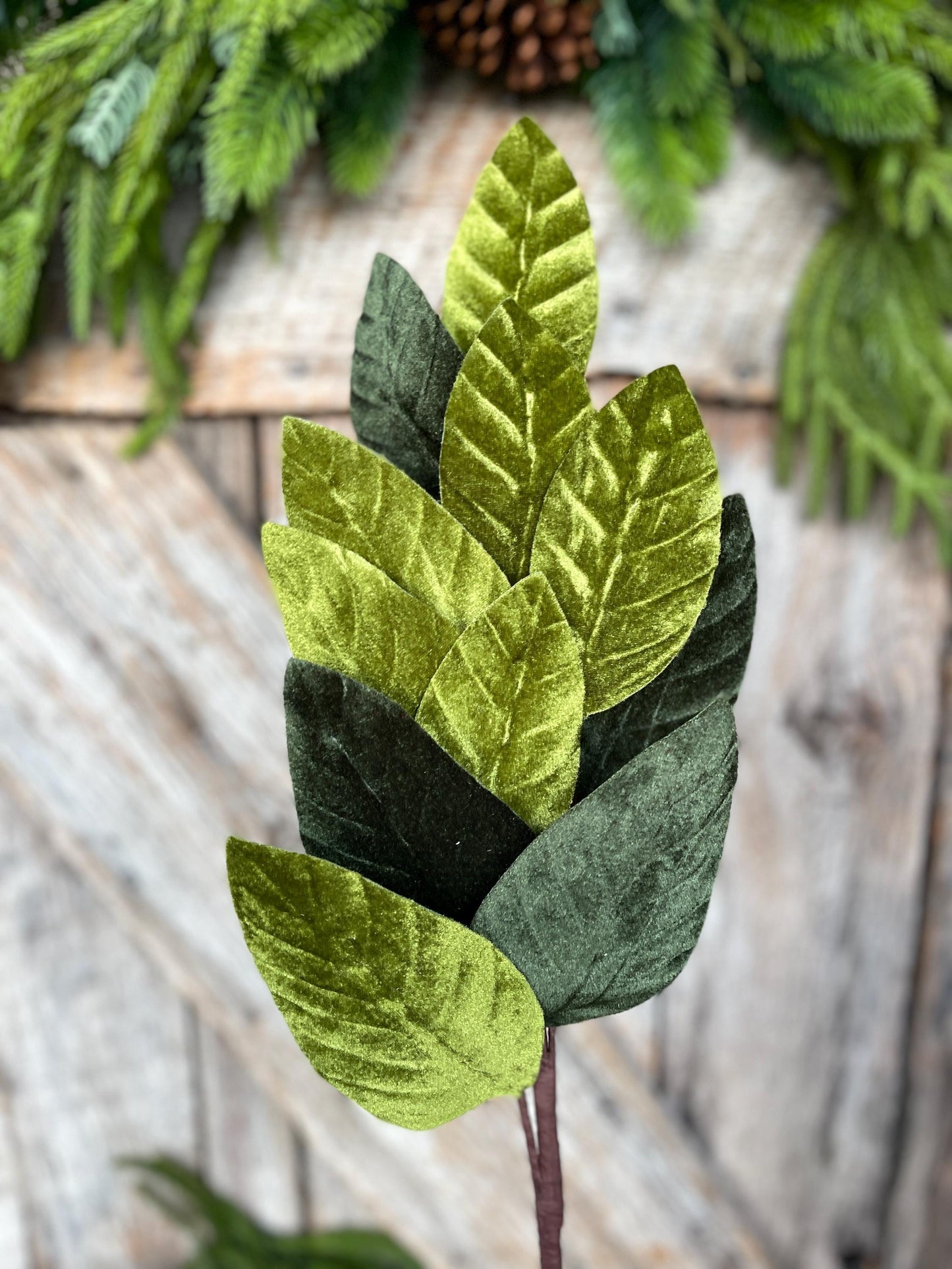 25" Green Velvet Leaf Spray, Forest Green Velvet Spray, Christmas Tree Spray, Green Magnolia Leaf Spray, 84602SP25