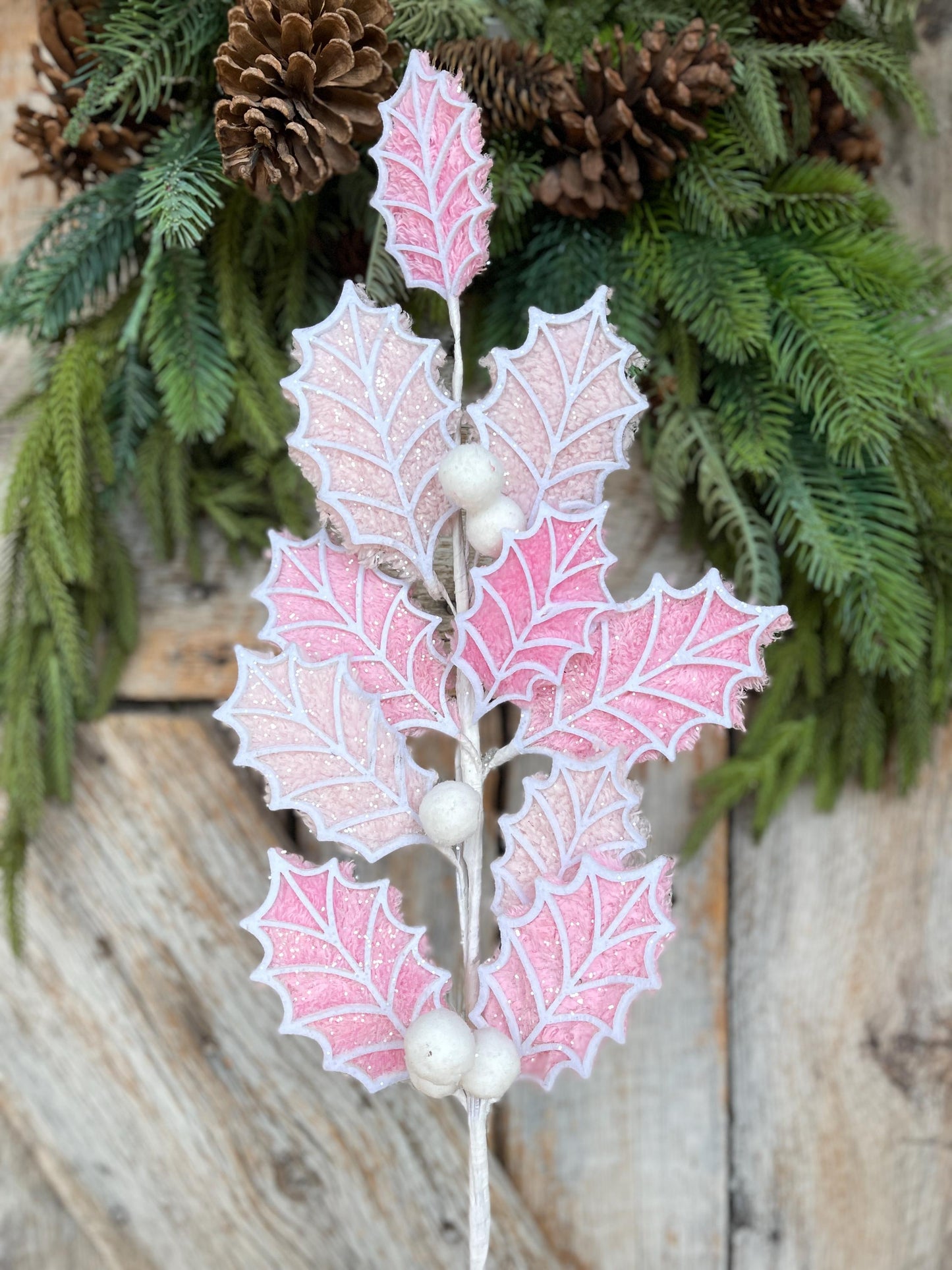 31" Pink White Holly Leaf Spray, Christmas Holly Leaf Floral Stem, Pink Floral Picks Stems