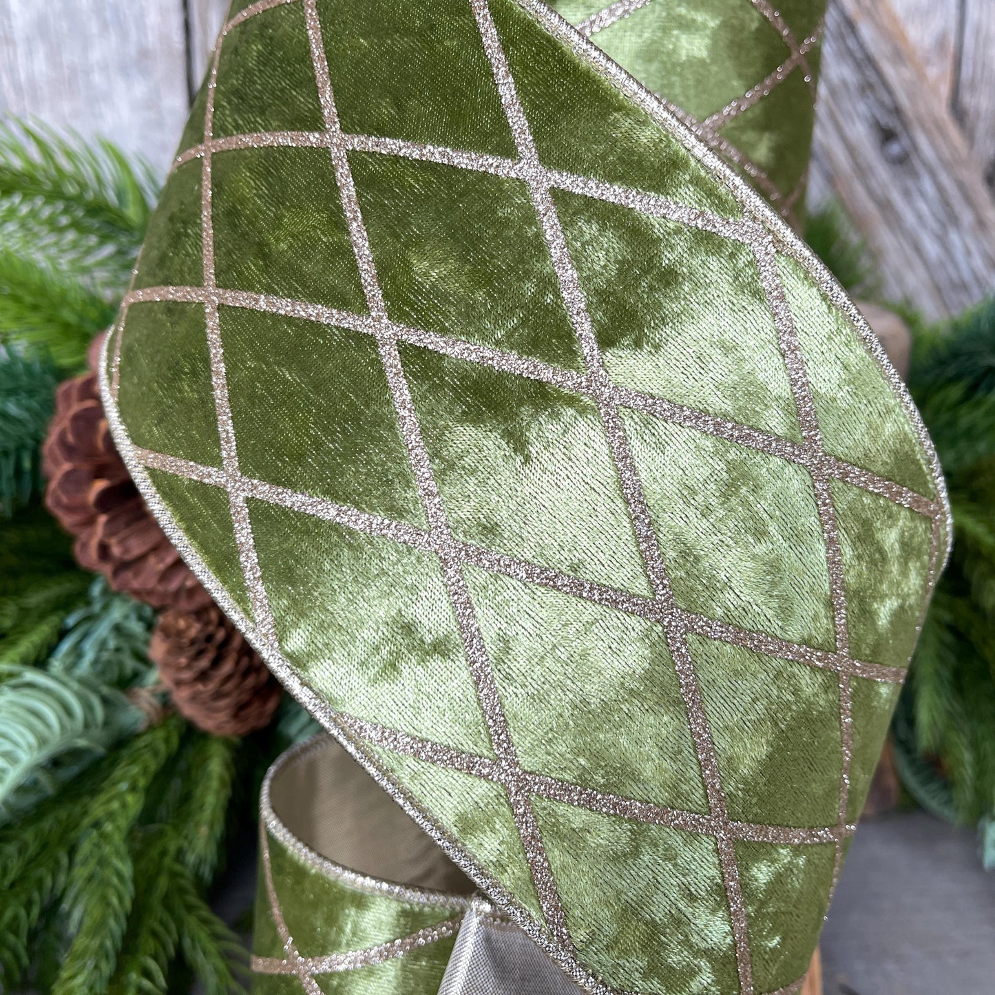 4" Moss Green & Gold Velvet Ribbon, Green Harlequin Christmas Ribbon, Green Diamond Velvet Ribbon