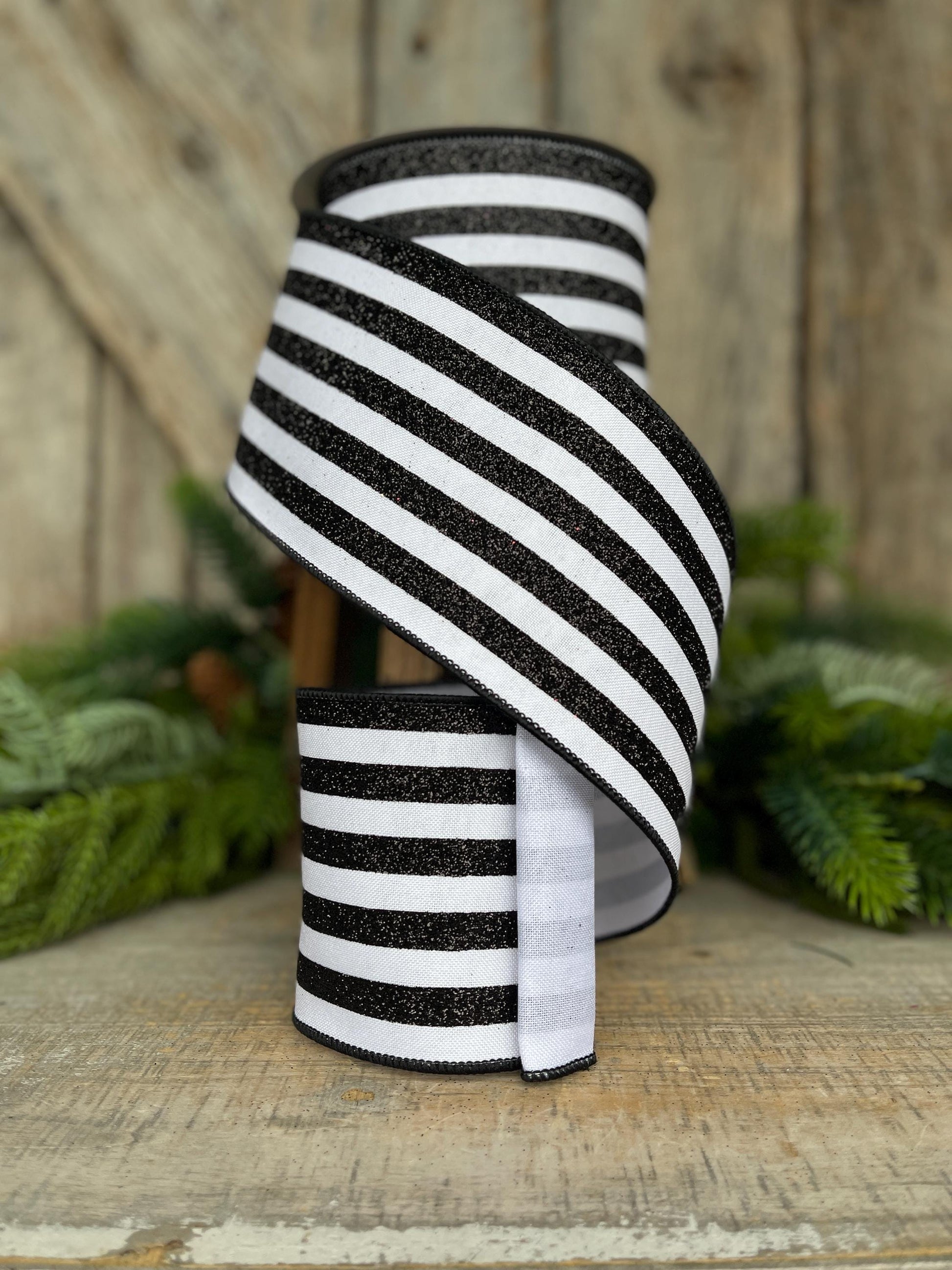 4" Black and White Glitter Stripe Ribbon, Farrisilk Ribbon, Ribbon for Christmas Tree