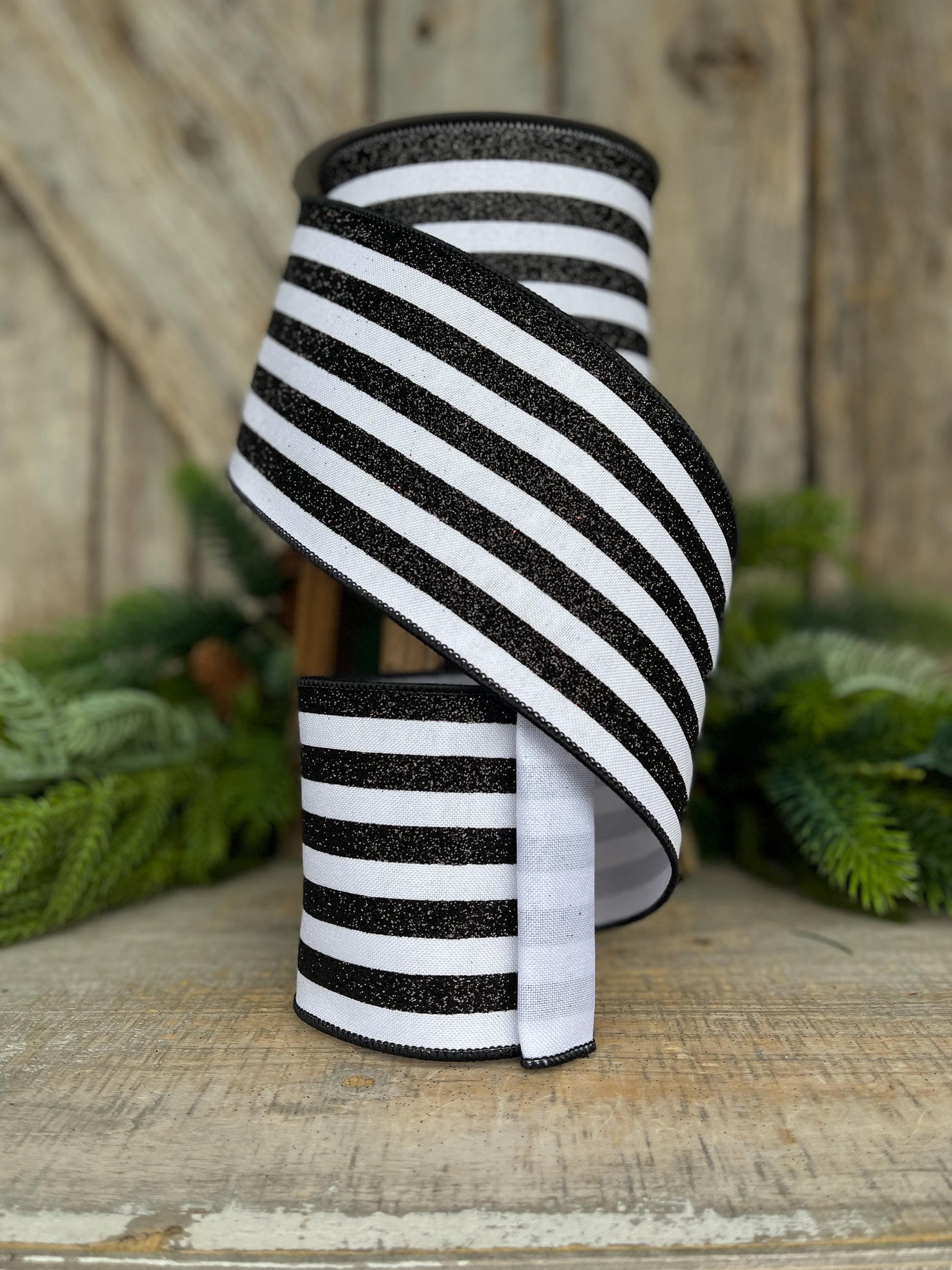 4" Black and White Glitter Stripe Ribbon, Farrisilk Ribbon, Ribbon for Christmas Tree
