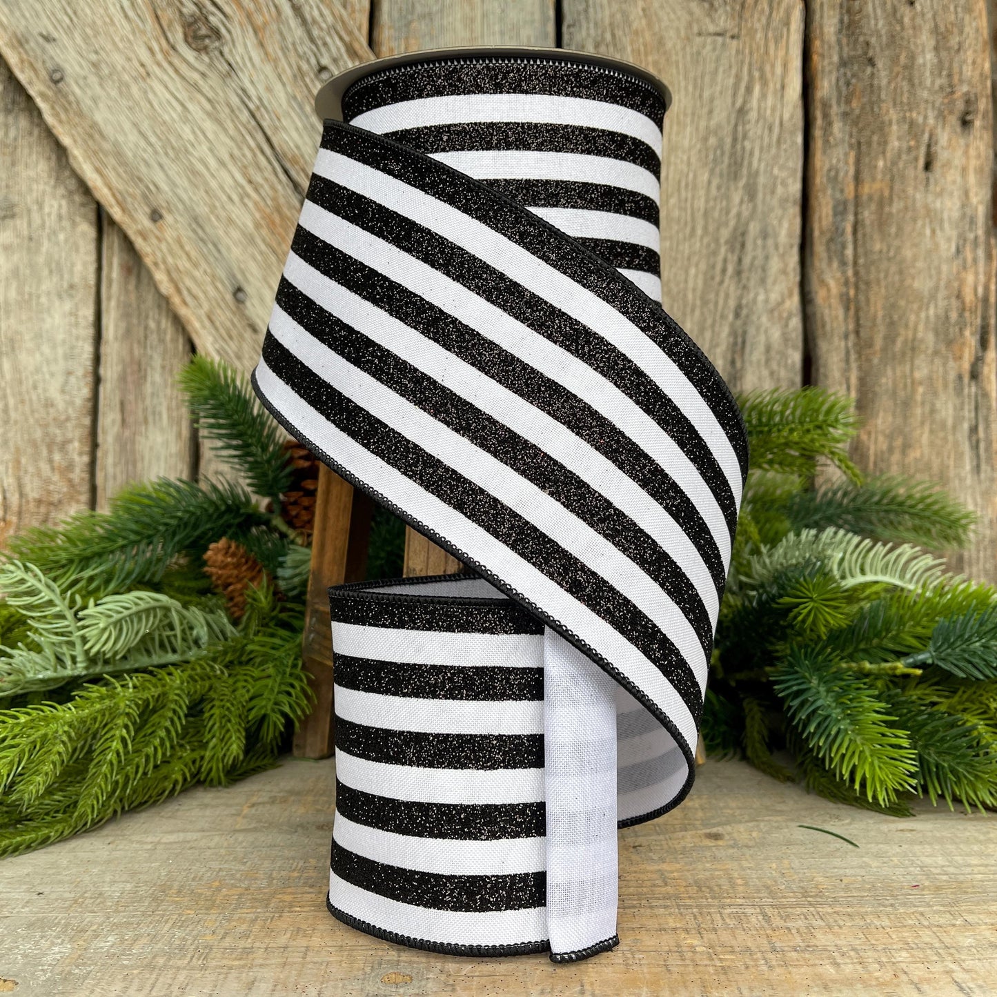 4" Black and White Glitter Stripe Ribbon, Farrisilk Ribbon, Ribbon for Christmas Tree