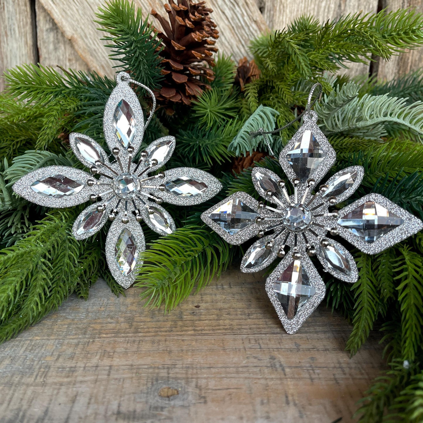 Set of 2 Silver Ornaments, Shatterproof Ornamnents, Silver Christmas Ornaments