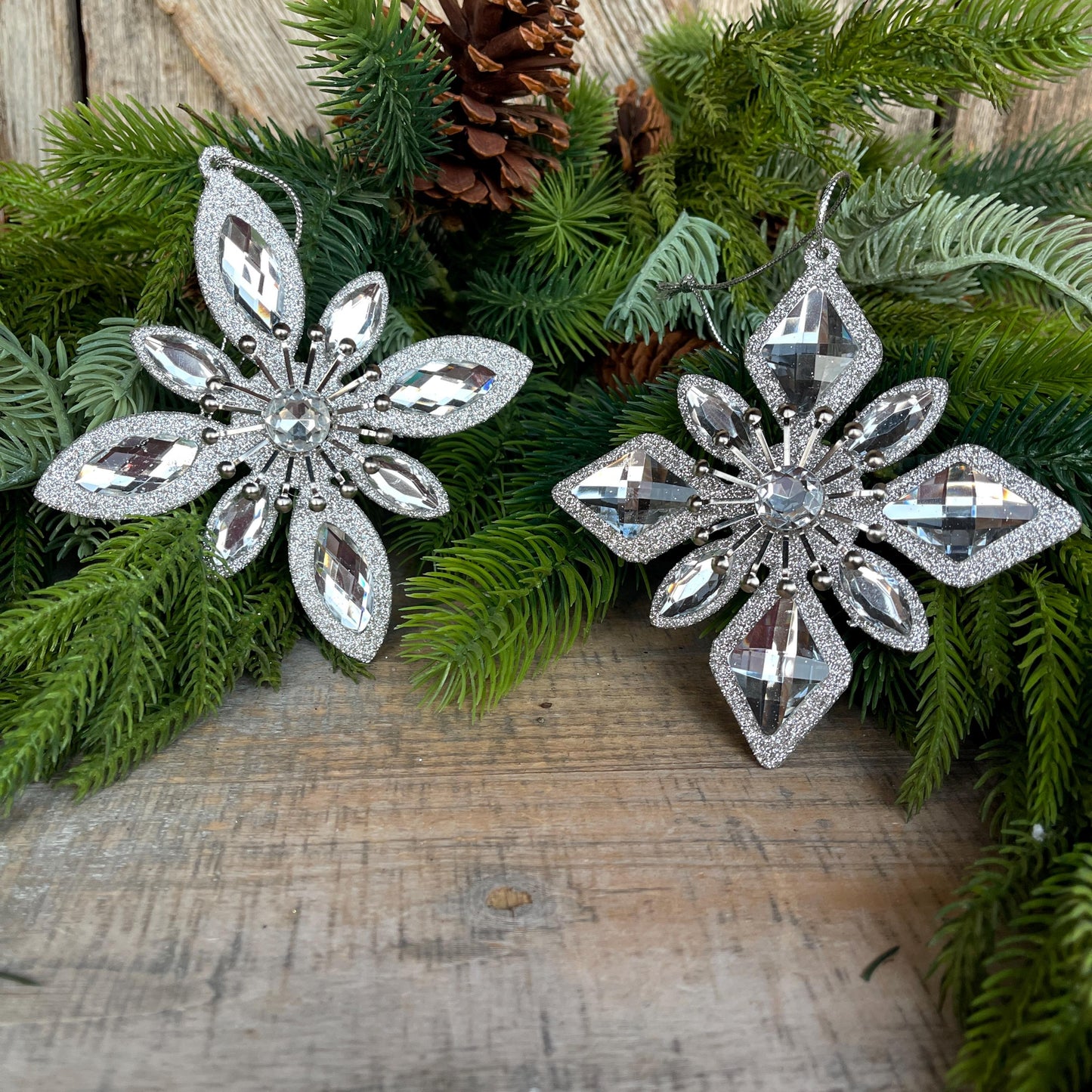 Set of 2 Silver Ornaments, Shatterproof Ornamnents, Silver Christmas Ornaments