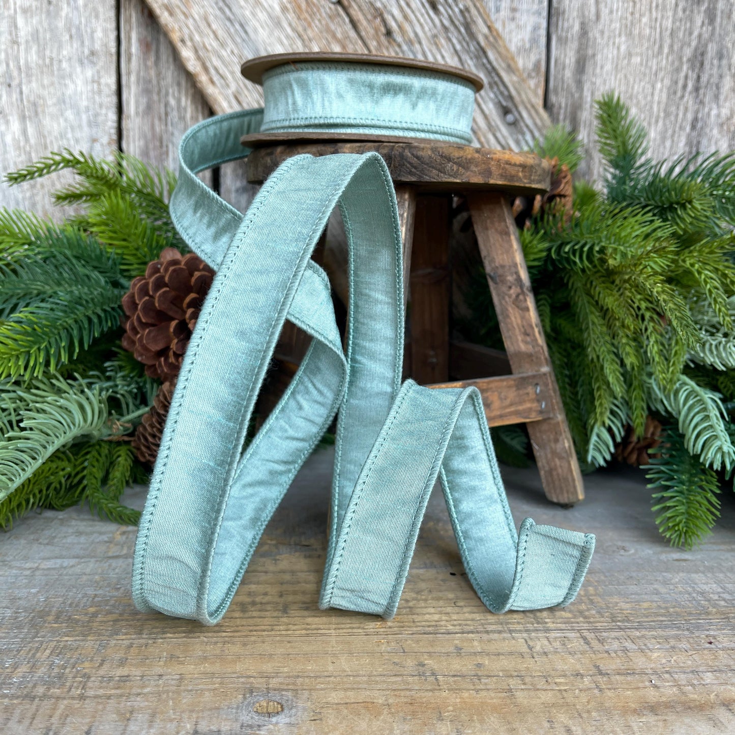 1" Seafoam Teal Dupioni Ribbon, Wired Ribbon, Teal Ribbon