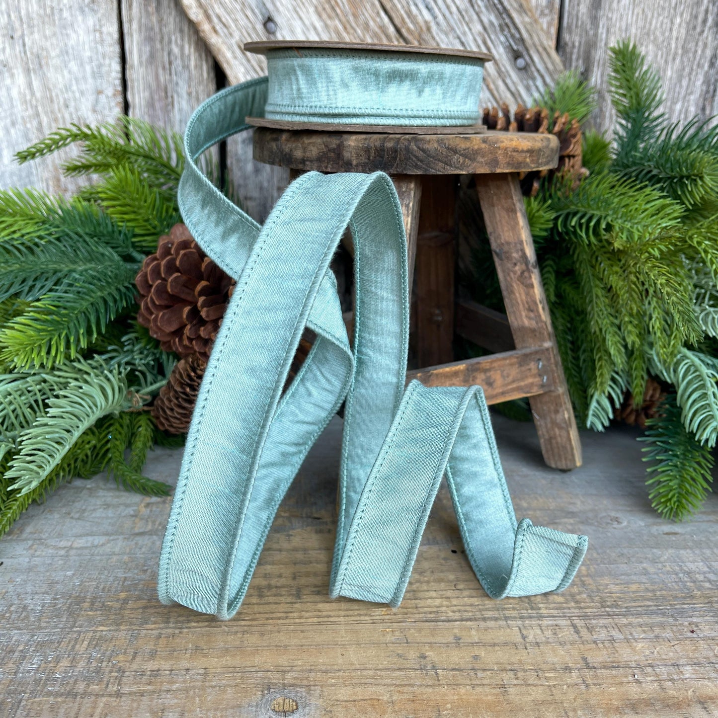 1" Seafoam Teal Dupioni Ribbon, Wired Ribbon, Teal Ribbon