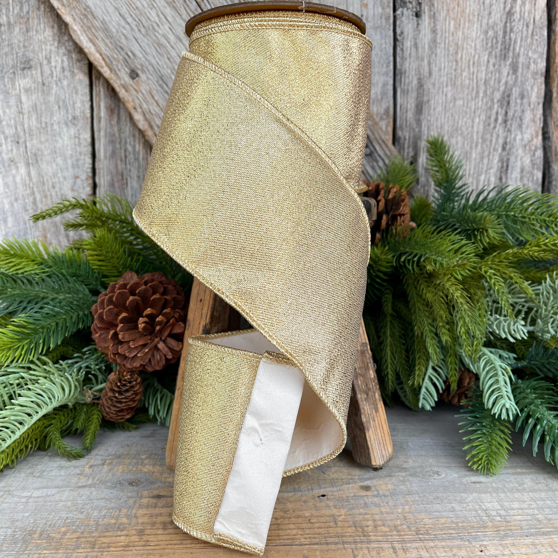 Champagne Gold Wired Ribbon, Gold Christmas Ribbon, 4" x 10yds