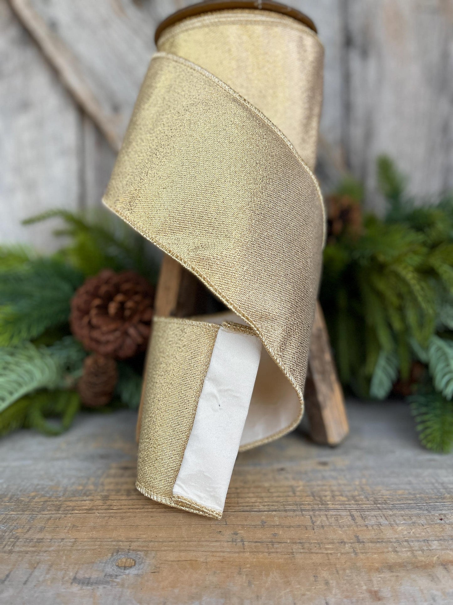 Champagne Gold Wired Ribbon, Gold Christmas Ribbon, 4" x 10yds