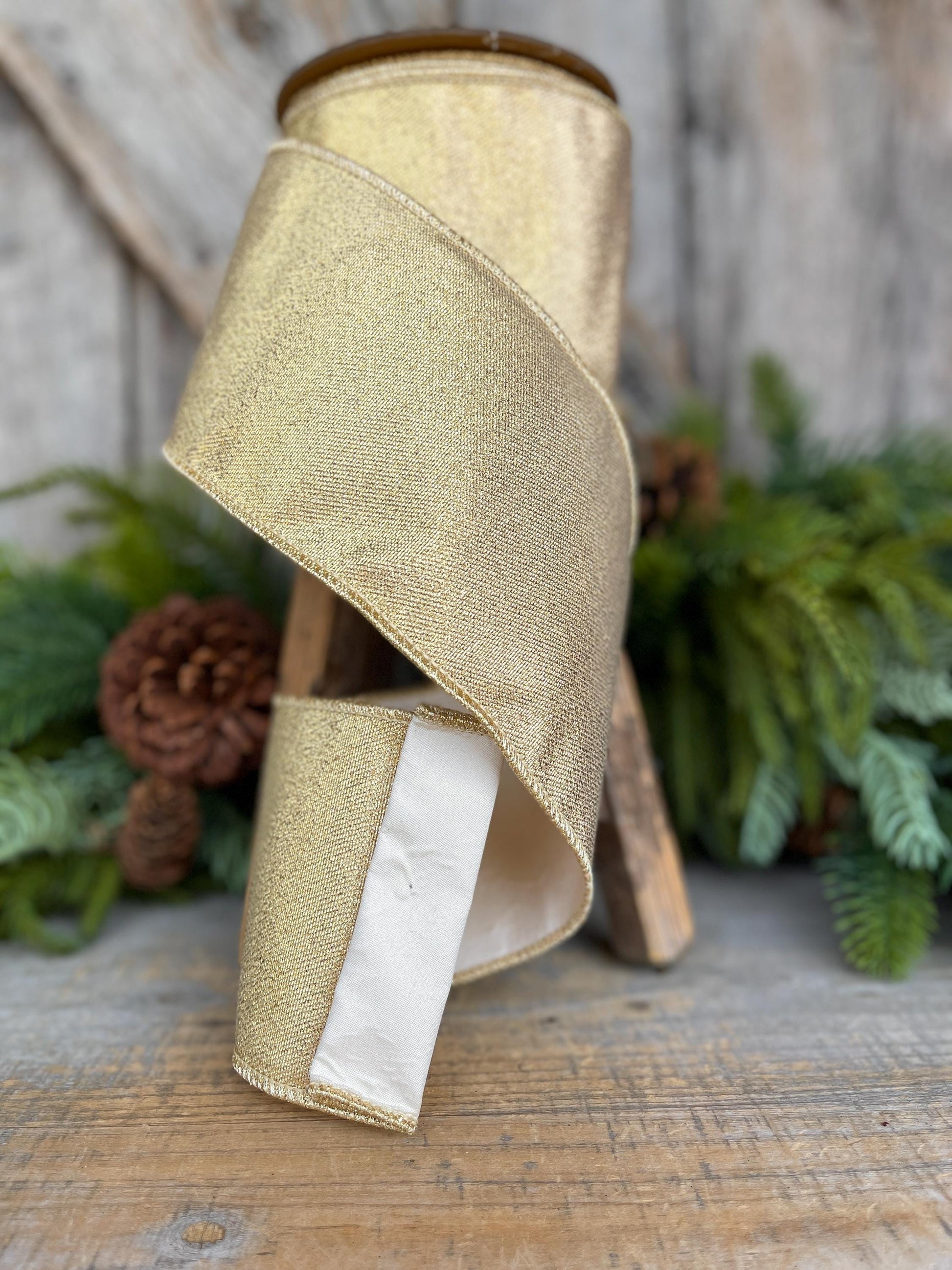 Champagne Gold Wired Ribbon, Gold Christmas Ribbon, 4" x 10yds