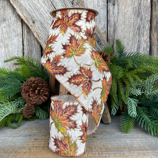Burlap Fall Leaves Ribbon: 4" Autumn Wired Ribbon, 4" x 10yds