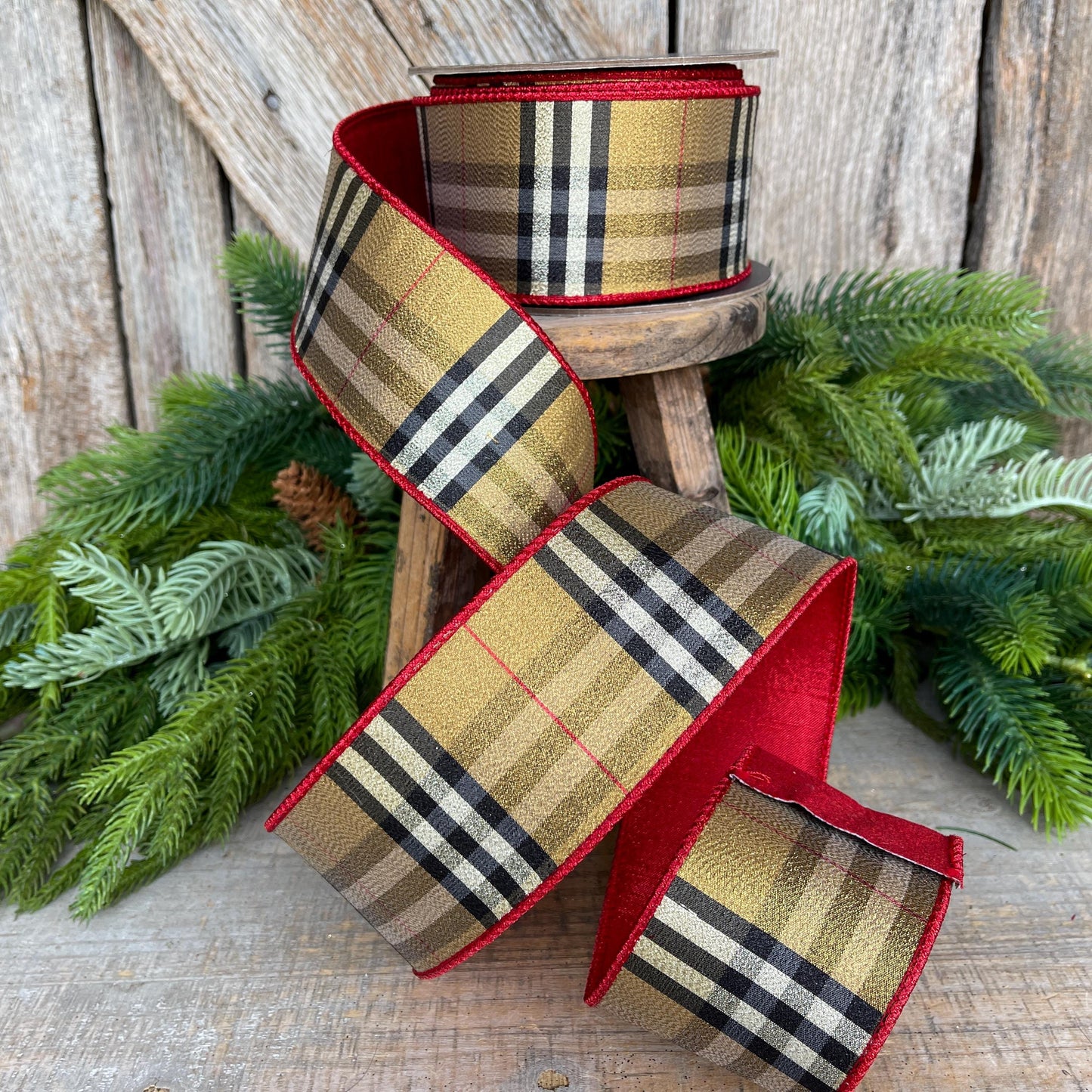 2.5” Burbank holiday plaid, brown black red plaid Christmas ribbon, 10 yards, metallic ribbon, designer plaid, 93920W-974-40F