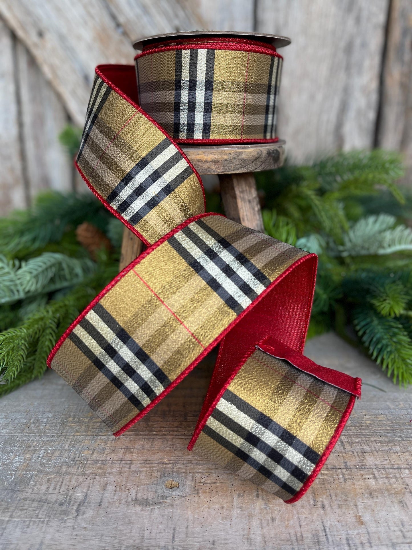 2.5” Burbank holiday plaid, brown black red plaid Christmas ribbon, 10 yards, metallic ribbon, designer plaid, 93920W-974-40F