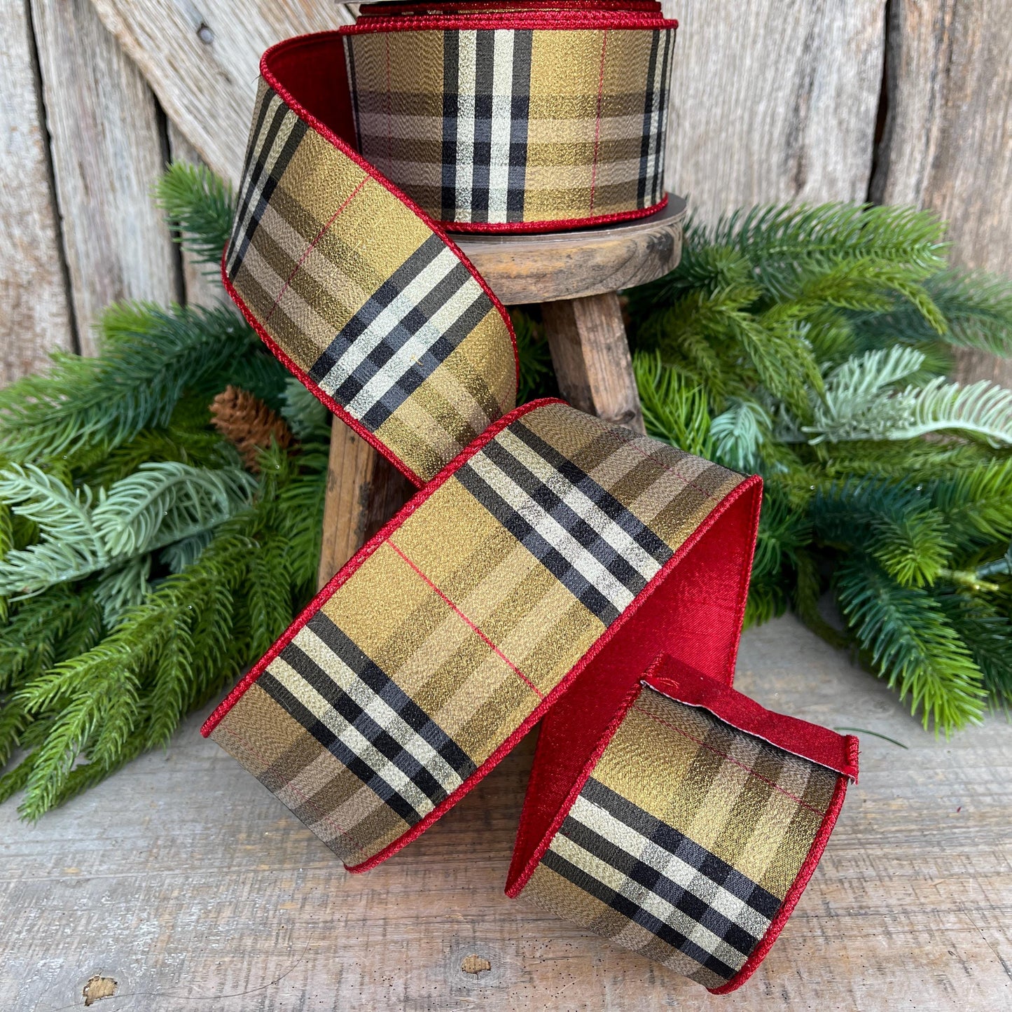 2.5” Burbank holiday plaid, brown black red plaid Christmas ribbon, 10 yards, metallic ribbon, designer plaid, 93920W-974-40F