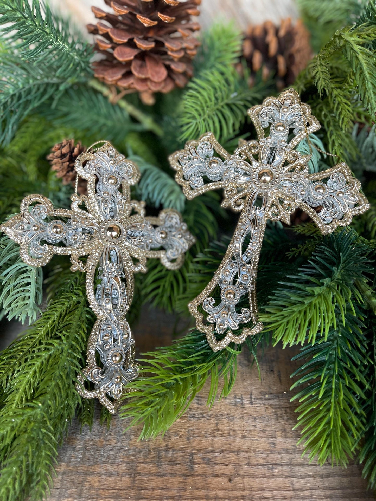 6" Cross Ornaments, Gold Silver Cross Ornament, Religious Ornaments, Christmas Ornaments, Christmas Gift, Christmas Decor
