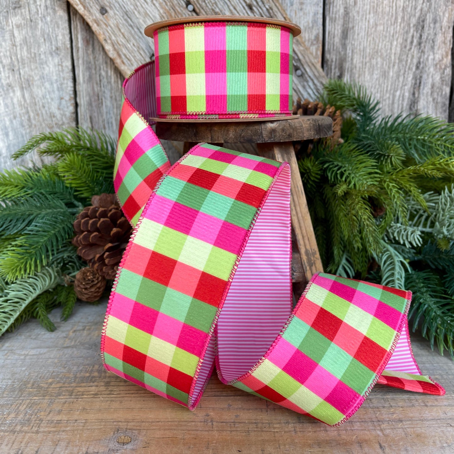 Hot Pink Plaid Ribbon, Christmas Tree Ribbon, 2.5" x 10yds