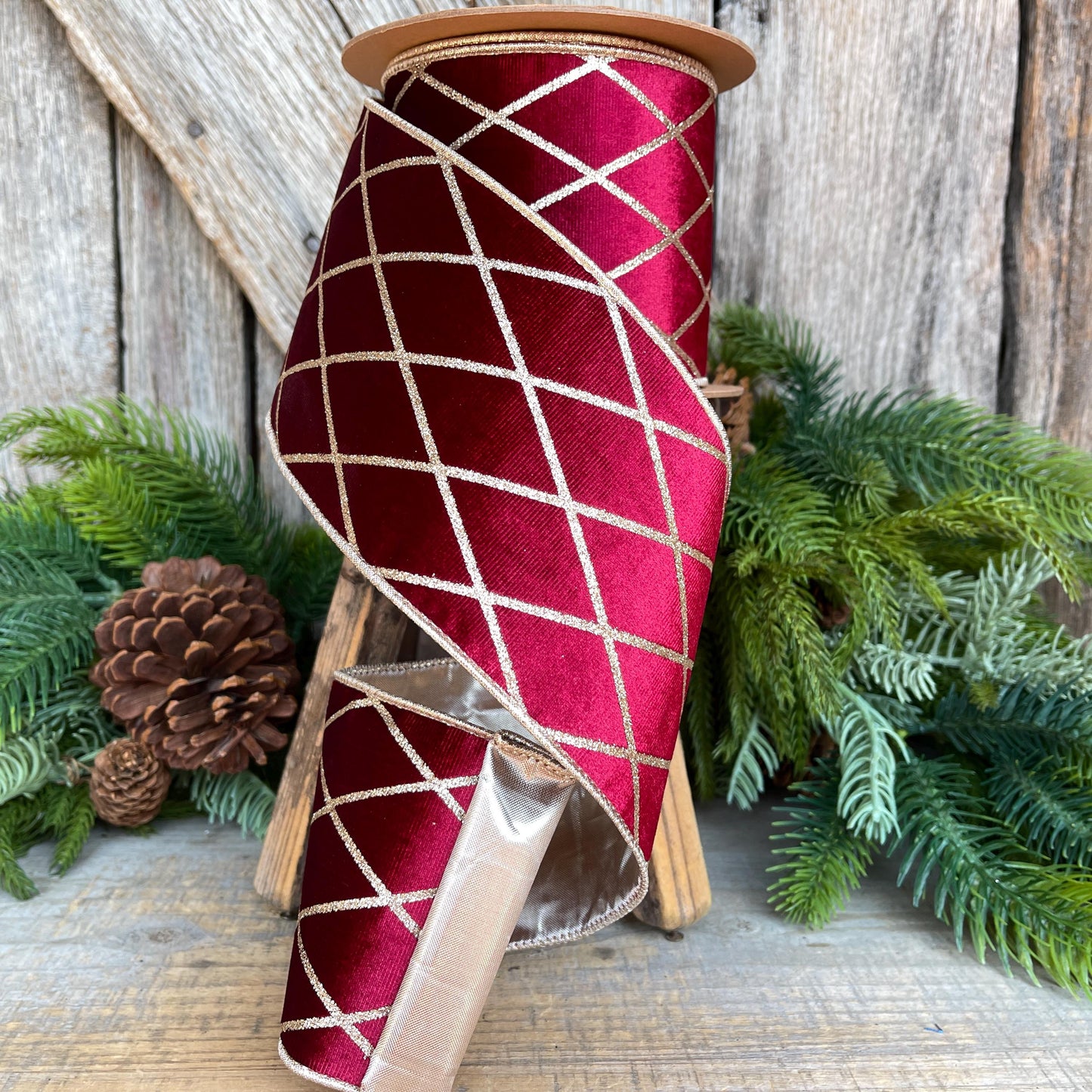 Burgundy Velvet Wired Ribbon, Burgundy Gold Lattice Ribbon Christmas Tree & Holiday Decor, 4" x 10yds