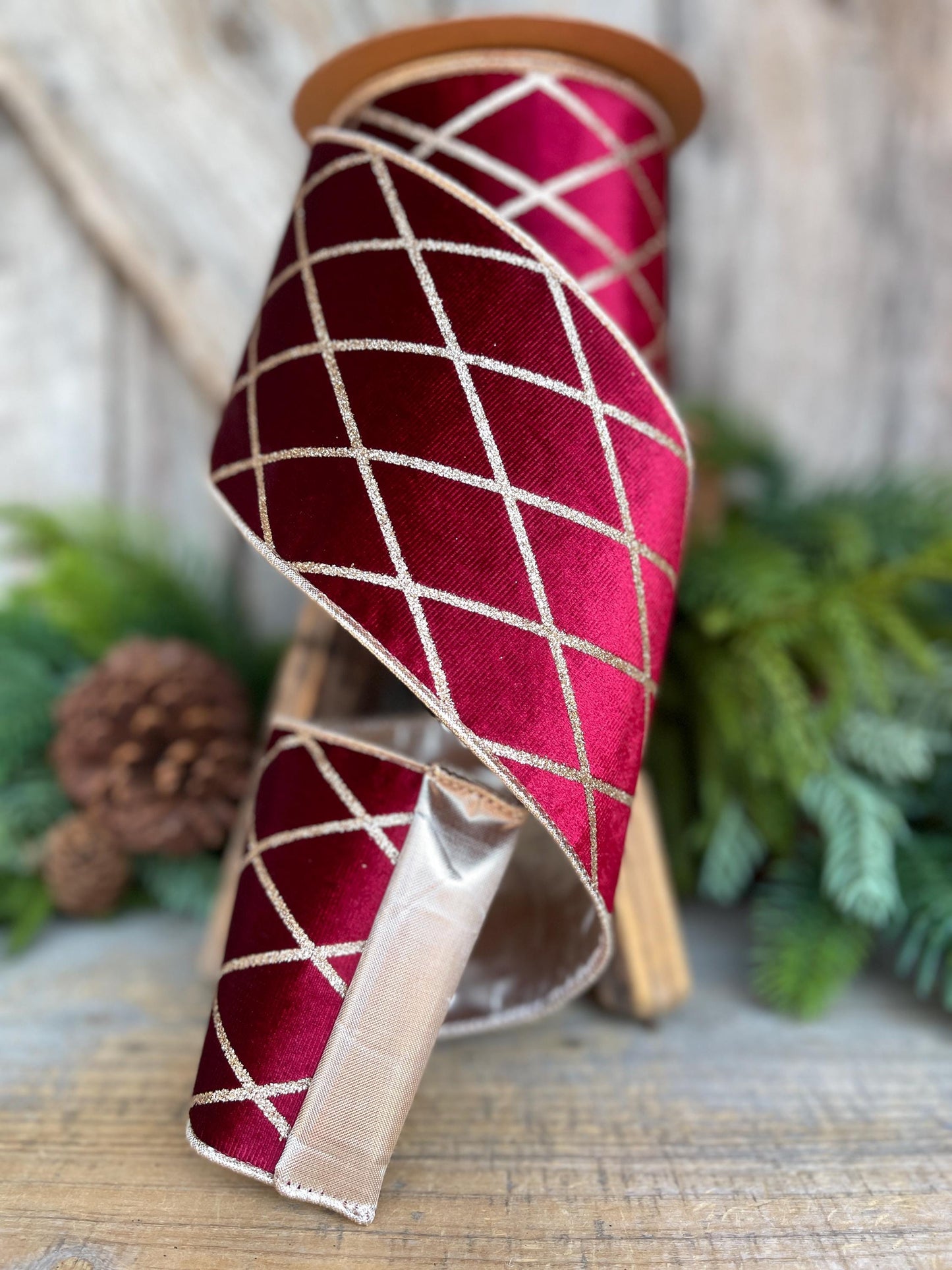 Burgundy Velvet Wired Ribbon, Burgundy Gold Lattice Ribbon Christmas Tree & Holiday Decor, 4" x 10yds