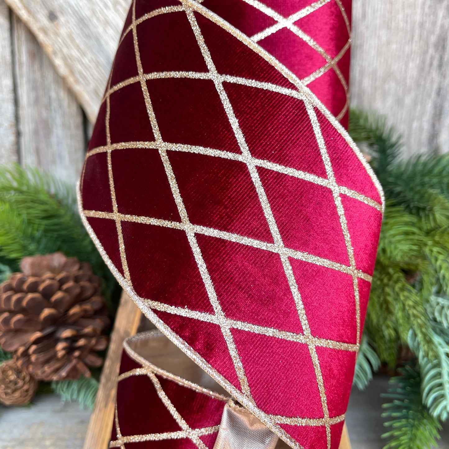 Burgundy Velvet Wired Ribbon, Burgundy Gold Lattice Ribbon Christmas Tree & Holiday Decor, 4" x 10yds