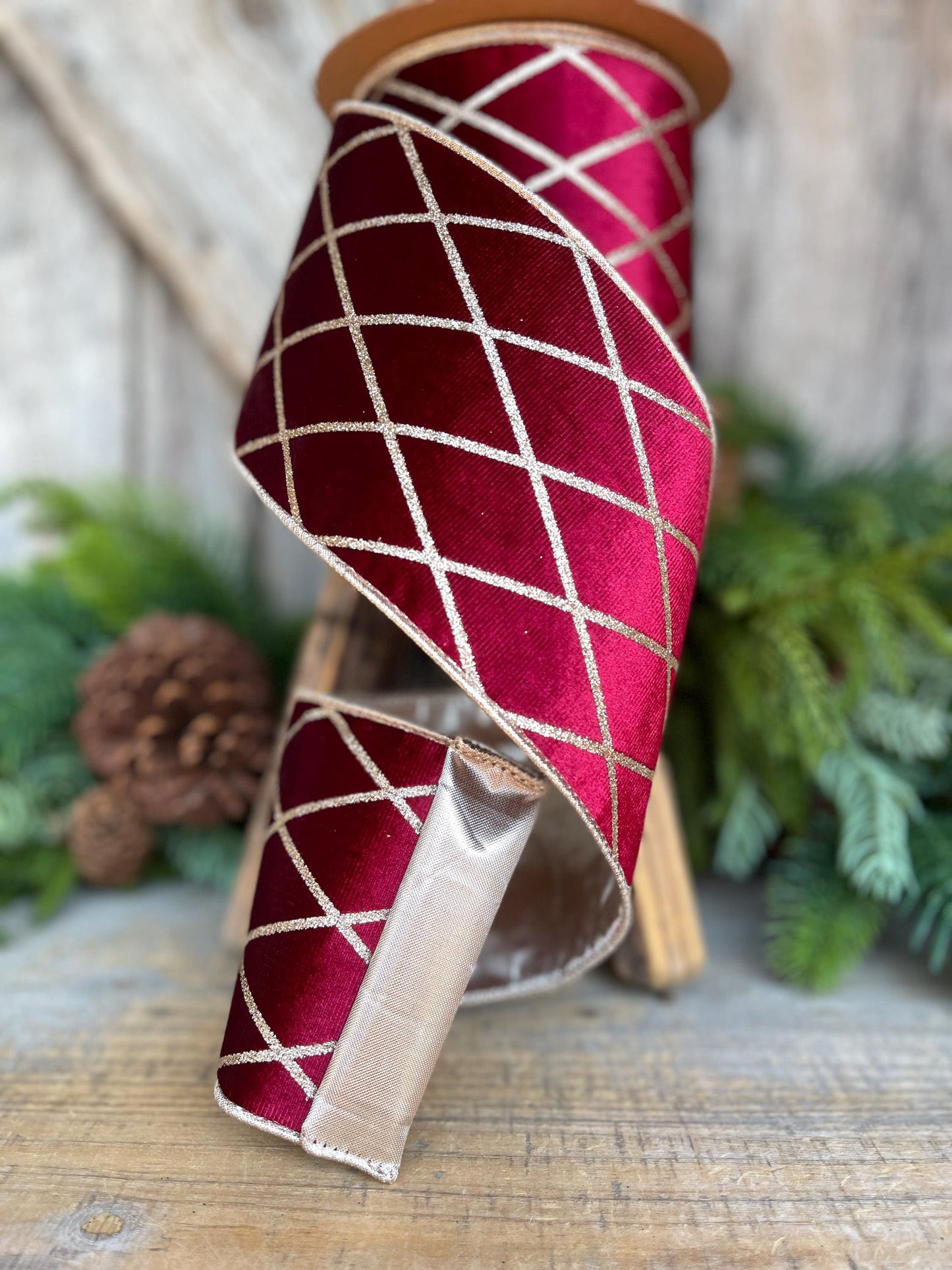 Burgundy Velvet Wired Ribbon, Burgundy Gold Lattice Ribbon Christmas Tree & Holiday Decor, 4" x 10yds