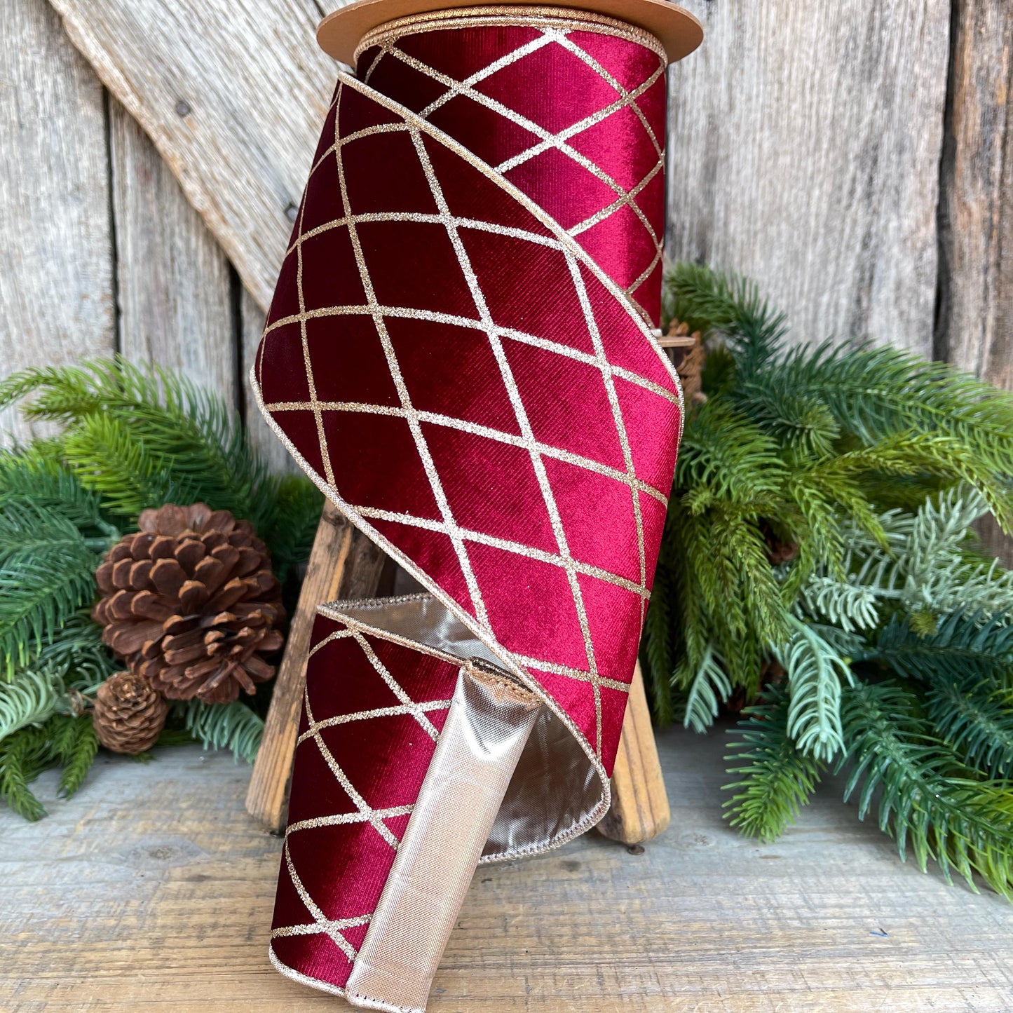 Burgundy Velvet Wired Ribbon, Burgundy Gold Lattice Ribbon Christmas Tree & Holiday Decor, 4" x 10yds