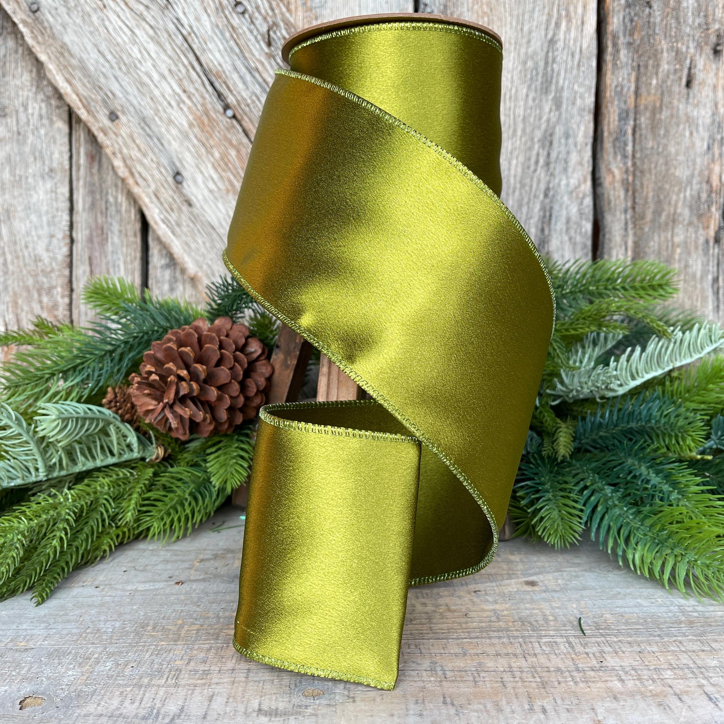 4" Moss Satin Ribbon, Christmas Ribbon, Shimmer Satin Ribbon, Wired Ribbon, Moss Green Ribbon