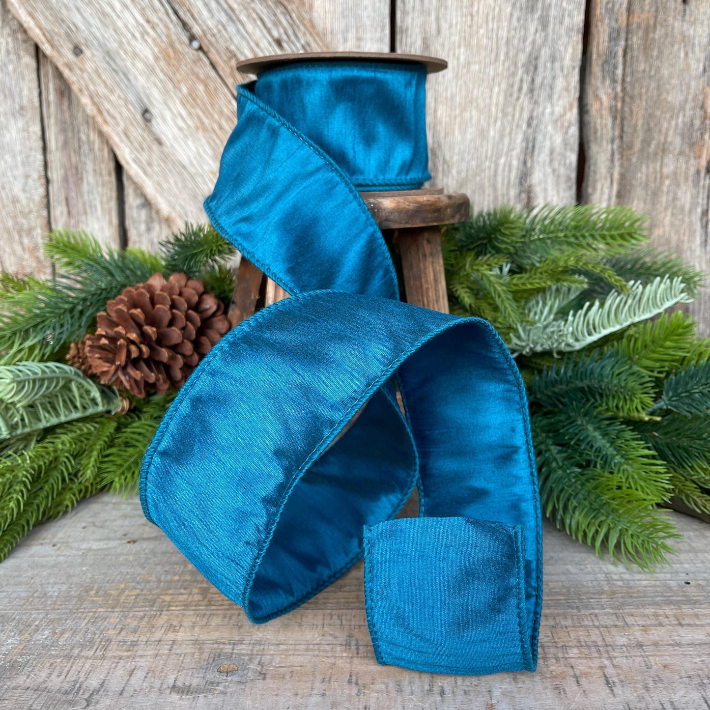 2.5" Turquoise Dupioni Ribbon, wired ribbon, Christmas Ribbon, Jewel Tone Ribbon, Turquoise ribbon, Teal Ribbon