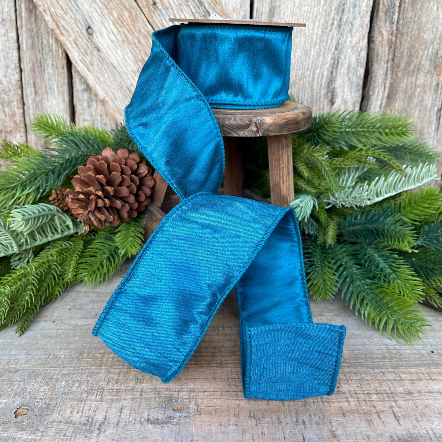 2.5" Turquoise Dupioni Ribbon, wired ribbon, Christmas Ribbon, Jewel Tone Ribbon, Turquoise ribbon, Teal Ribbon