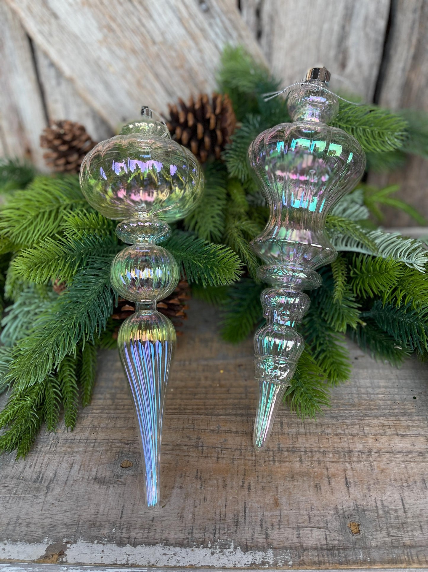 Set of 2 - 12" Iridescent Finial Ornament, Shatterproof Ornaments, Finial Ornaments